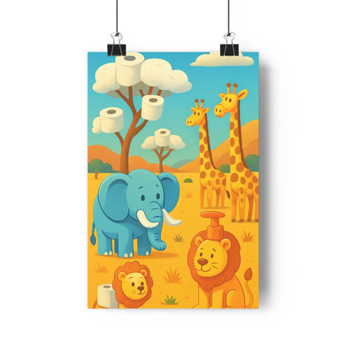 Poster éléphant girafes lion savane bleu jaune vert nuages papier toilette joyeux cartoon vibrant