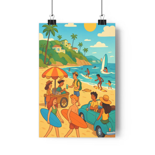Poster plage joyeuse surfeurs palmiers maisons colline ciel bleu nuages festif convivial cartoon couleur vive ambiance estivale salon chambre