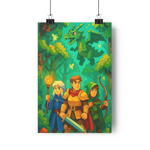 Poster aventure forestière épée arc dragon pixel art mystérieuse magique verte arbres oiseaux guerriers fantastique chambre salon