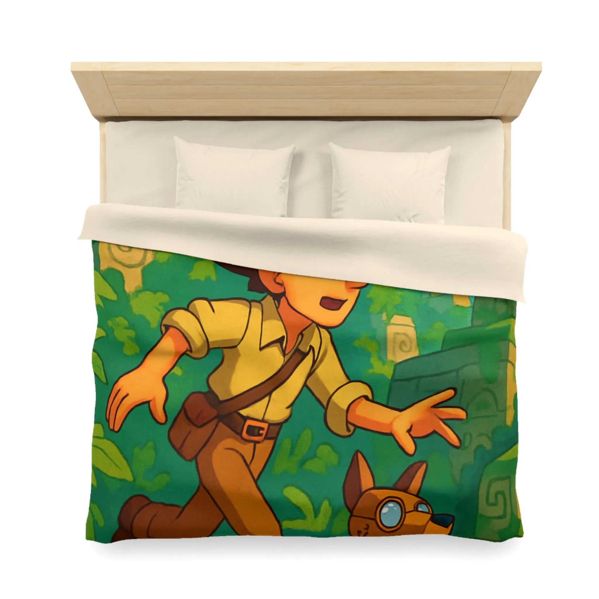 Housse de couette aventure jungle avec personnage explorateur et chien robotique animé