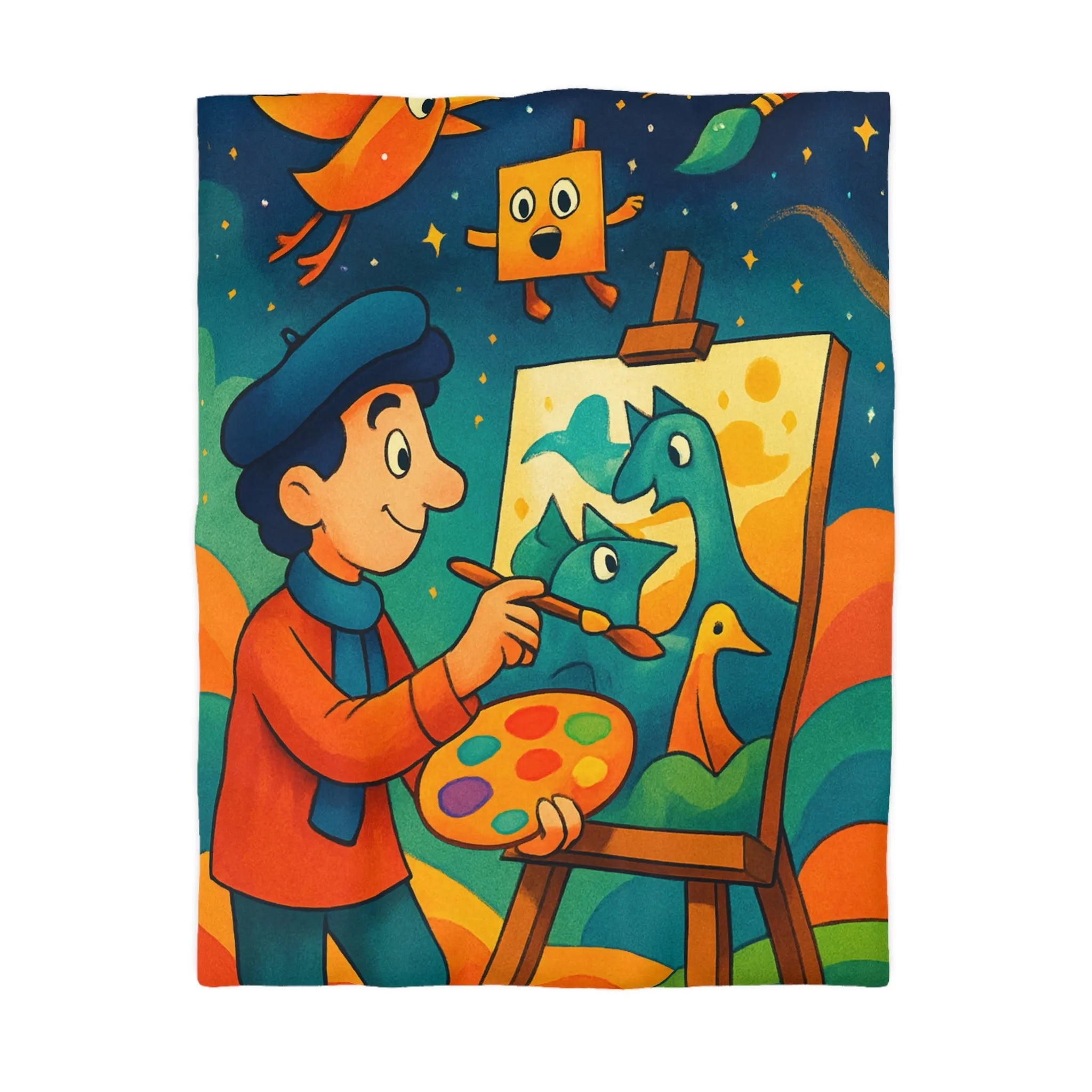 Housse de couette artistique colorée avec peintre et créatures fantaisistes en arrière-plan étoilé