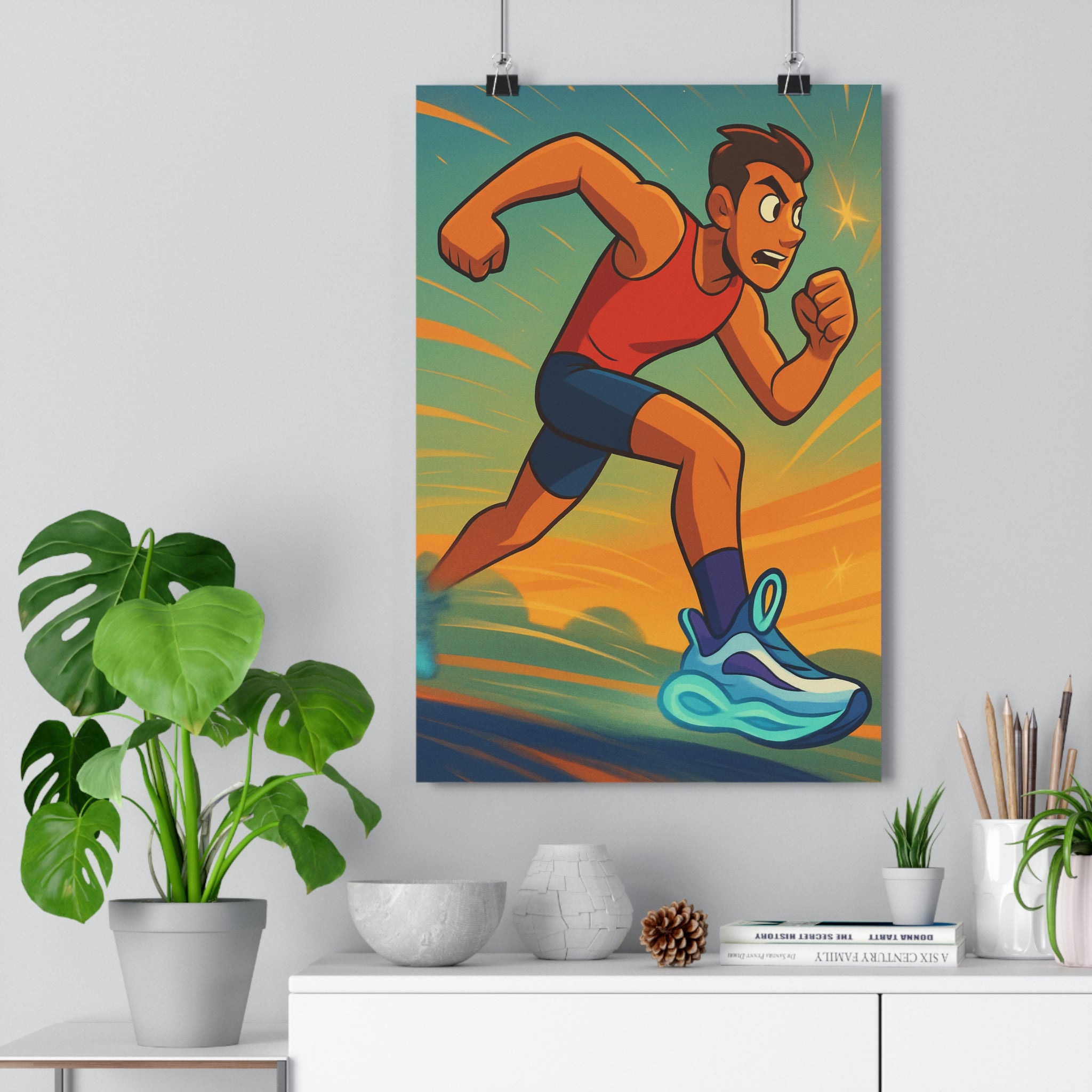 Poster décoratif moderne athlète dynamique course énergie bleu rouge orange vitalité salon chambre bureau