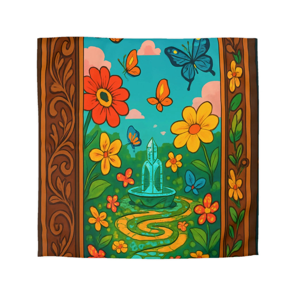 Housse de couette colorée avec papillons et fleurs dans un jardin enchanté vibrant