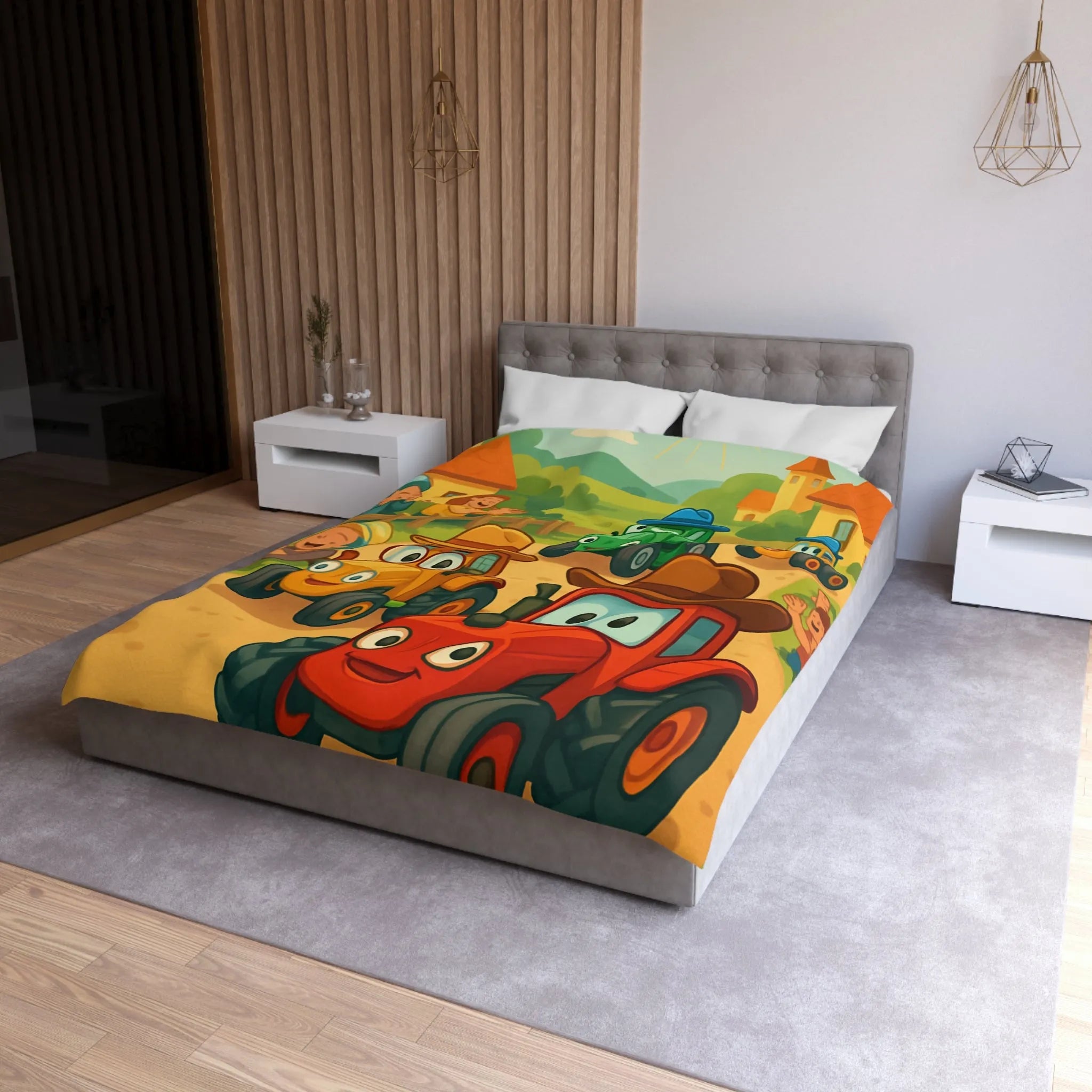 Housse de Couette Enfants Motif Tracteurs Souriants Champs Paysans Ensoleillés et Amusants