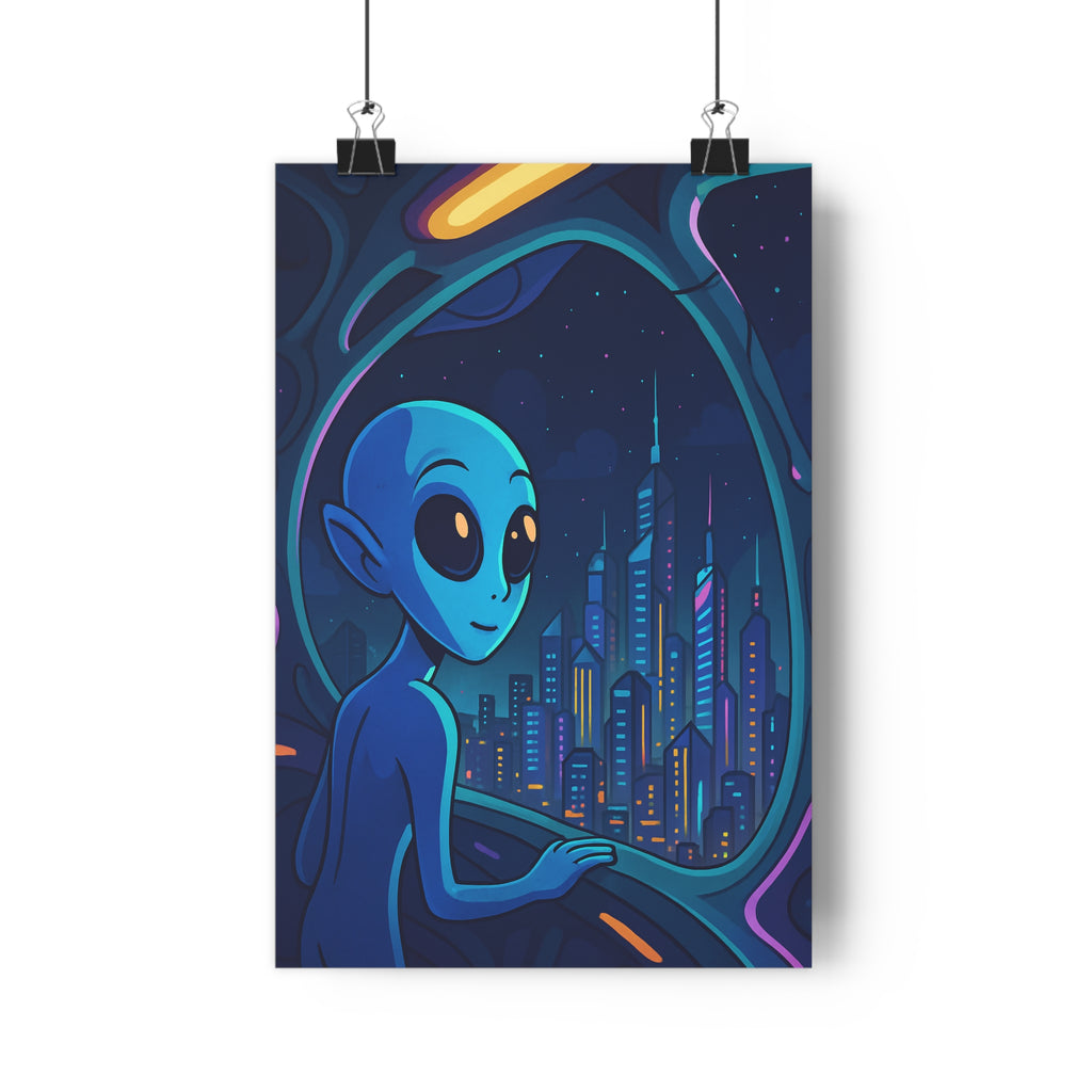 Poster décoratif extraterrestre curieux futuriste dessin animé bleu violet salon chambre bureau 30x46 qualité