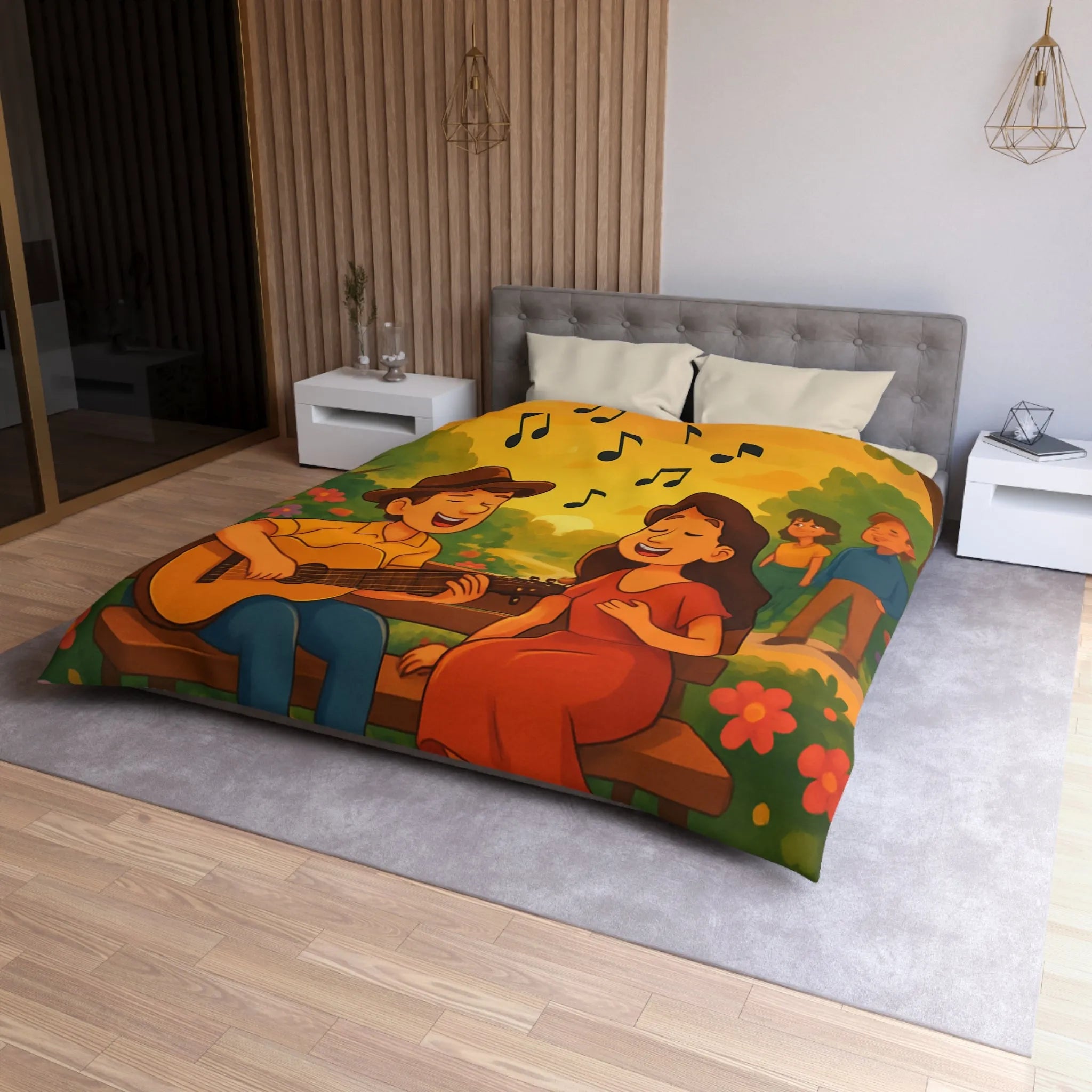Housse de couette idéale avec illustration douce de couple romantique et coucher de soleil