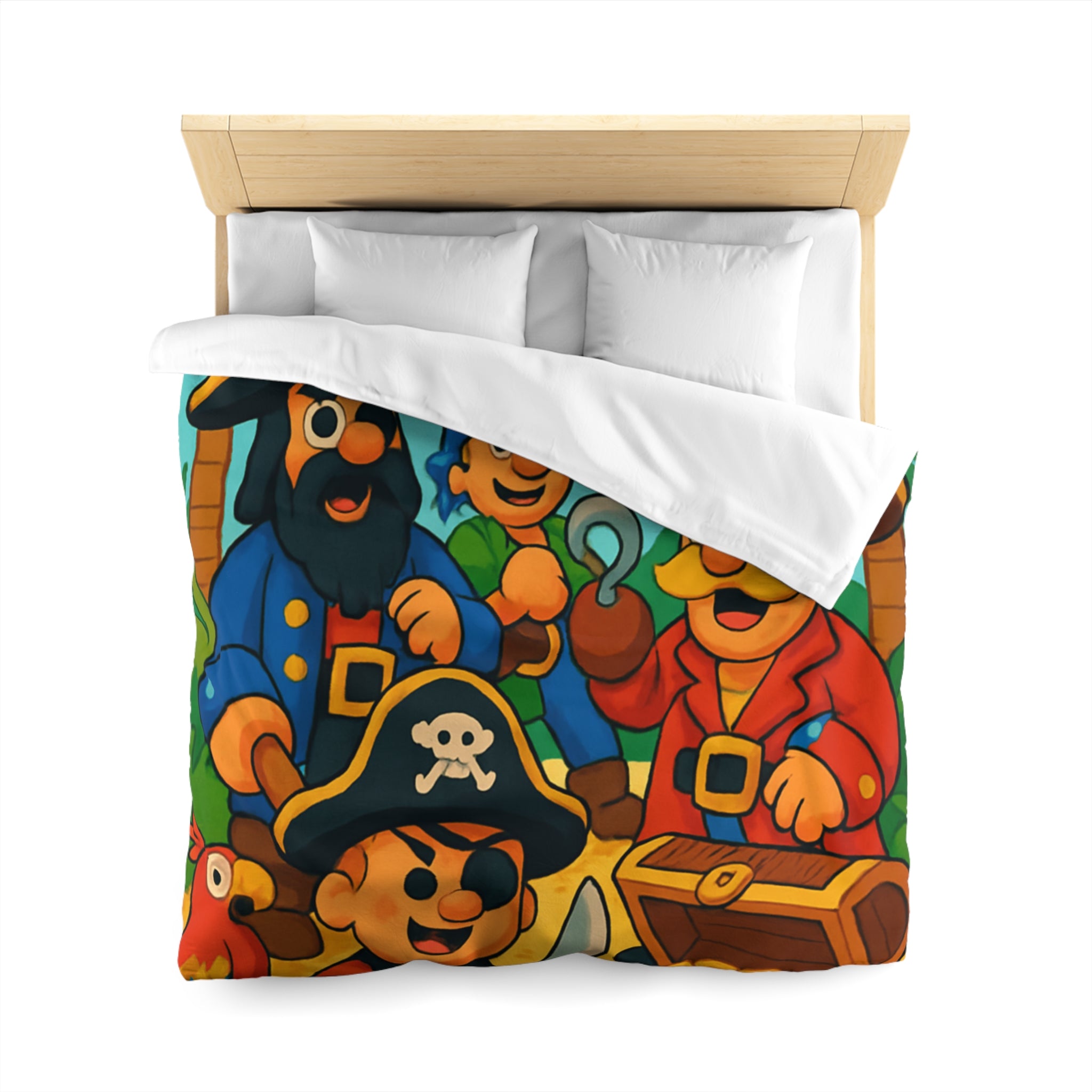 Housse de couette pirate colorée avec trésors, perroquets et personnages joyeux animés
