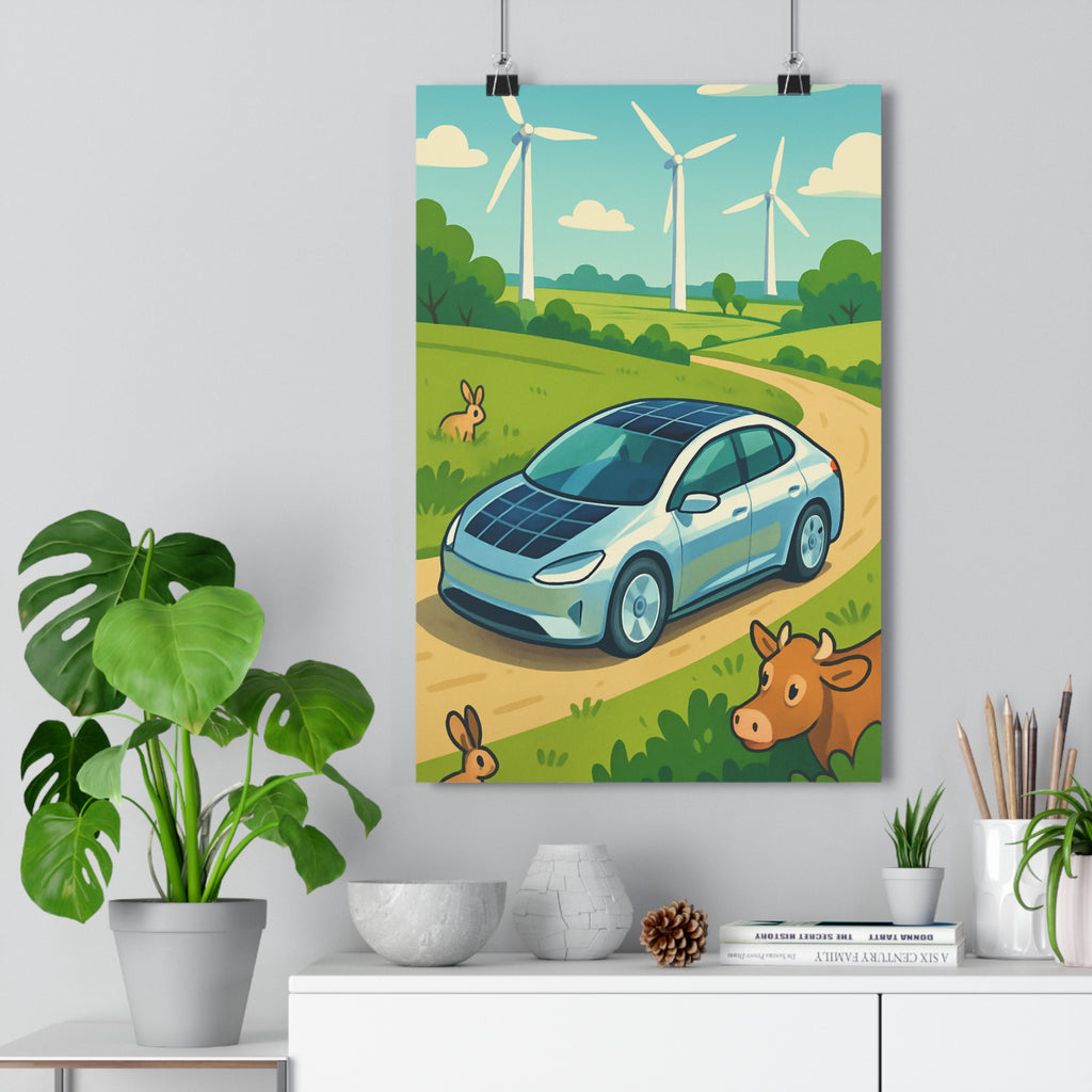 Poster décoratif voiture électrique vert nature dessin animé joyeux éoliennes campagne chambre enfant unique