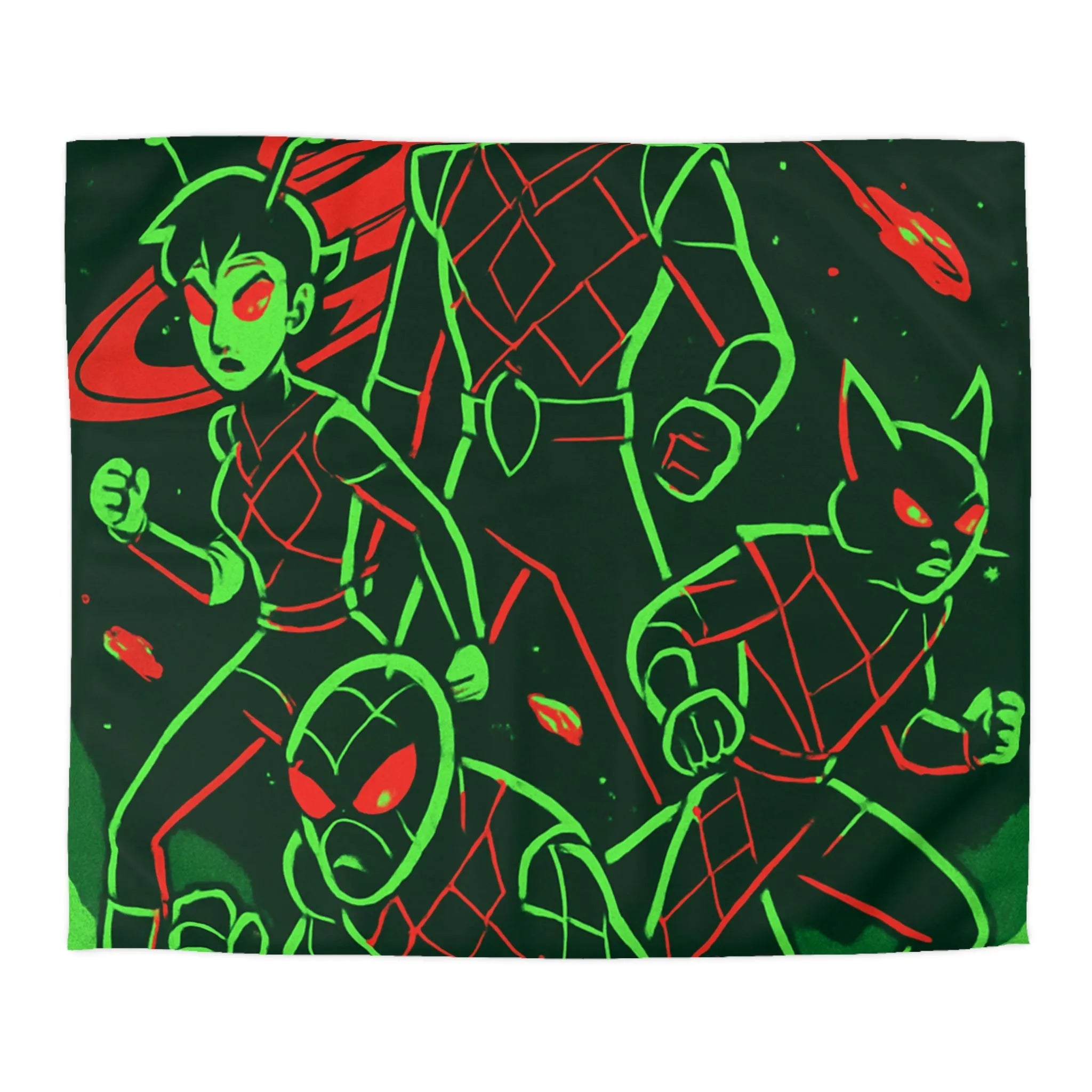 Housse de Couette Espace Vert Fluo Avec Quatre Héros En Pleine Action Rouge Noir