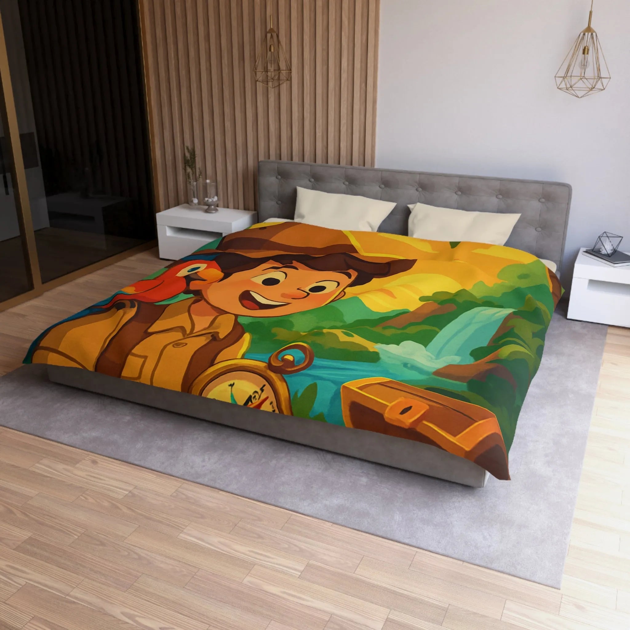 Housse de couette aventure tropicale avec trésor et perroquet pour enfant