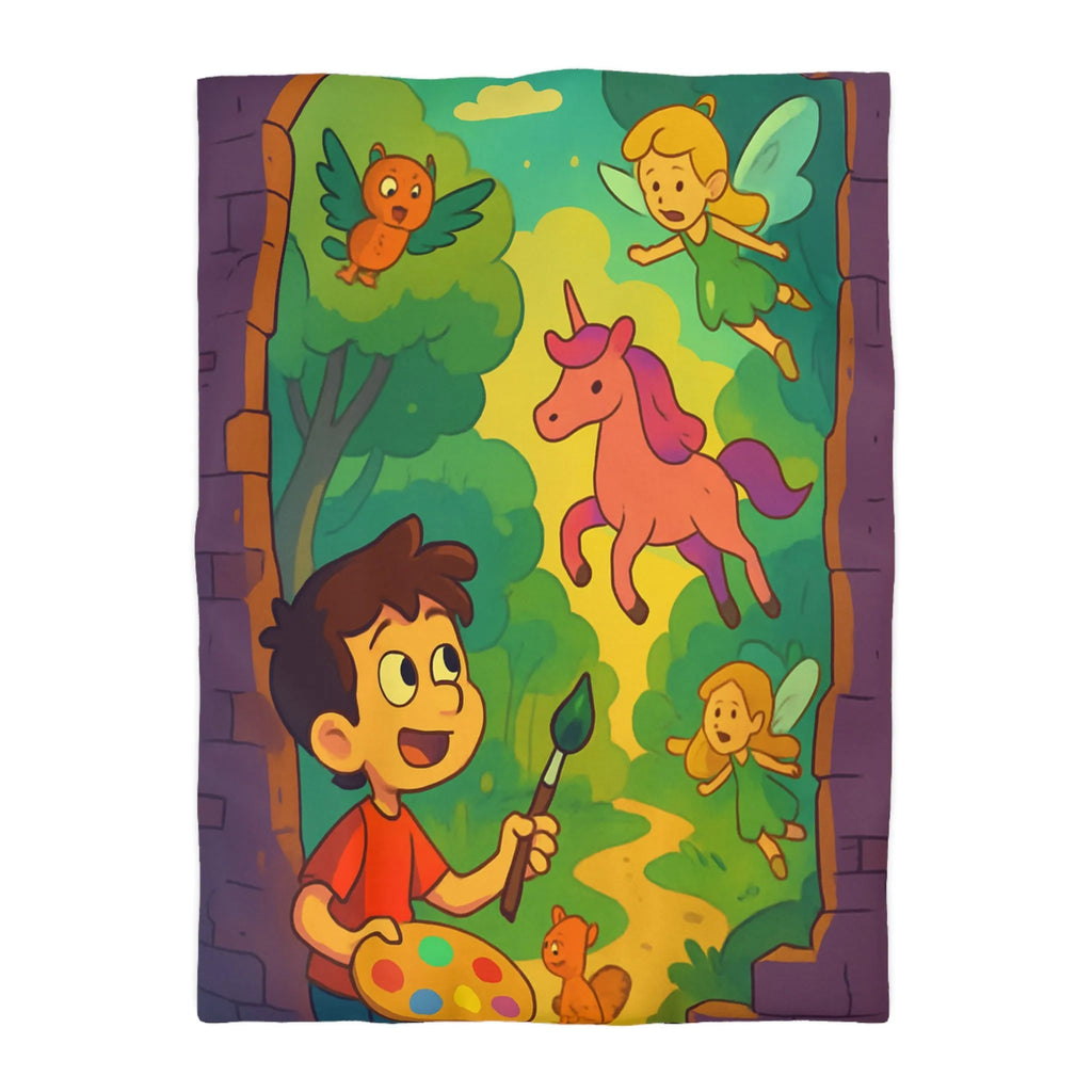 Housse de couette enfant rêve magique avec fées, licorne et peintre créatif