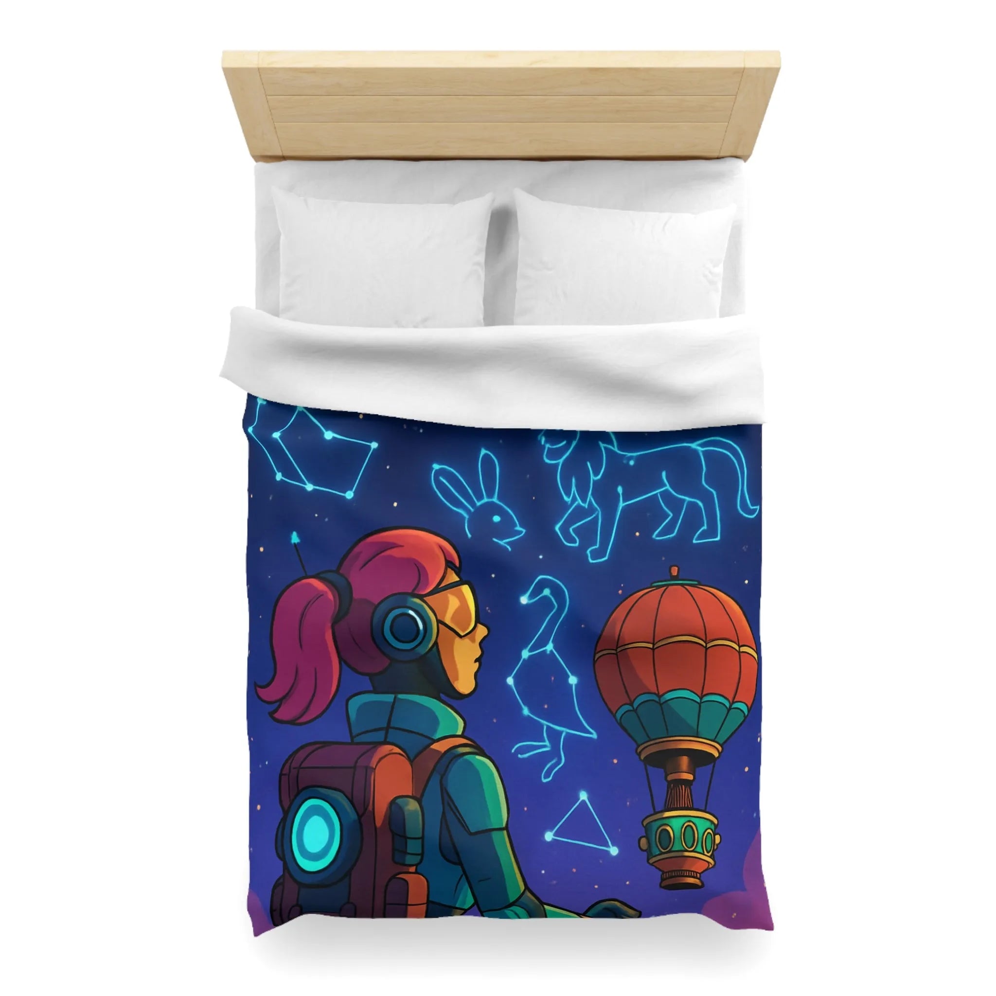 Housse de couette astronaute contemplant constellations animalières dans ciel étoilé rêveur