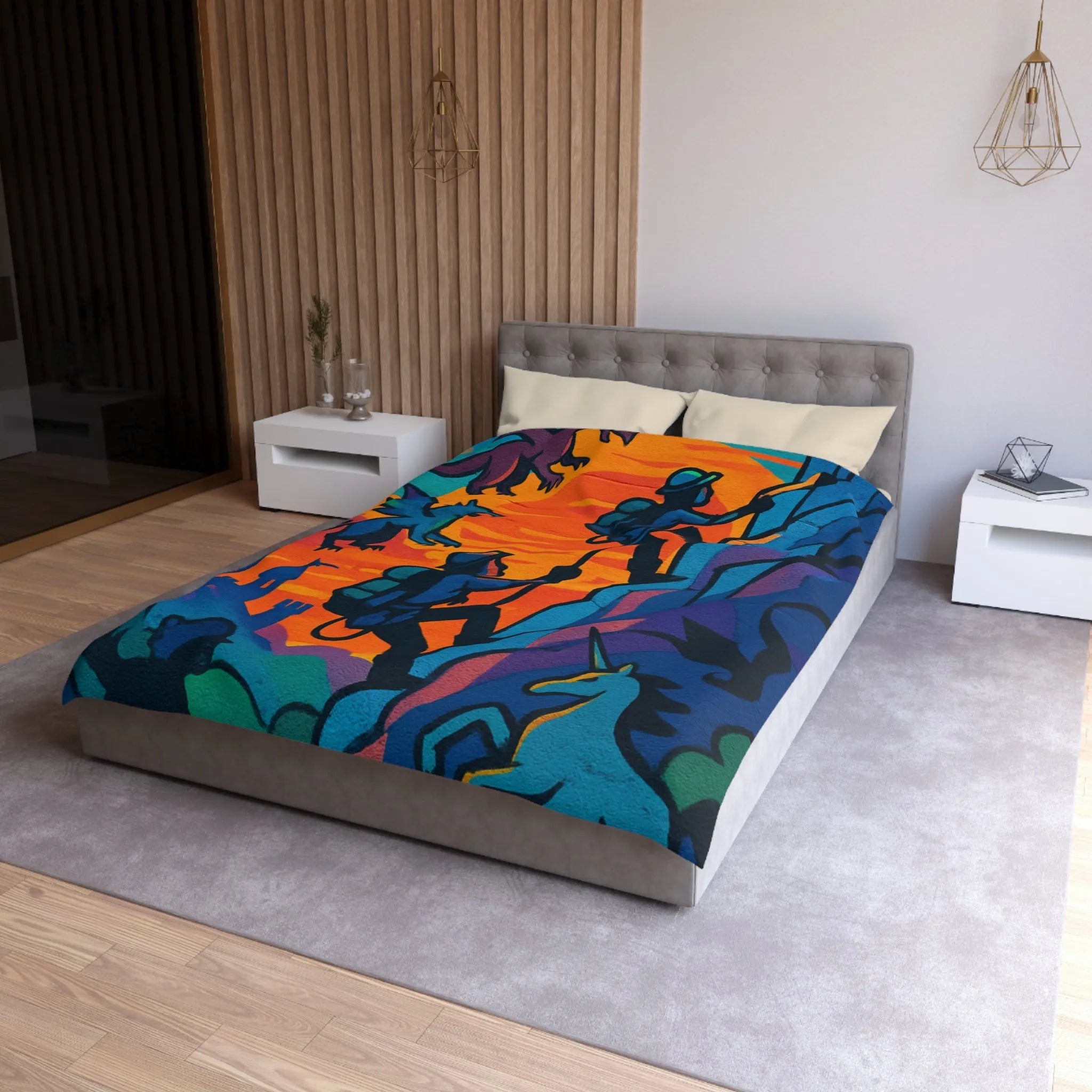 Housse de couette aventure fantastique avec montagnes, créatures mythiques et coucher de soleil