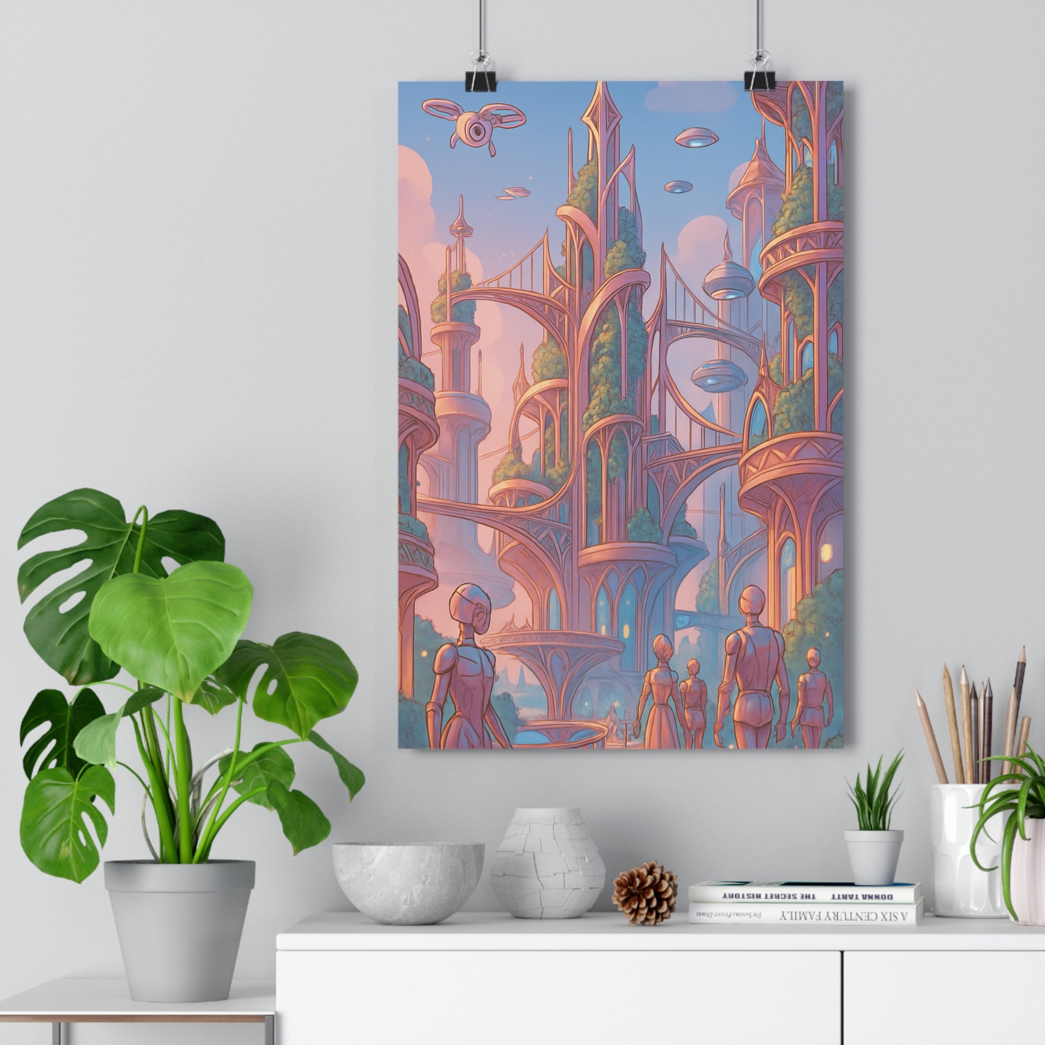 Poster décoratif utopique futuriste rose bleu cartoon paisible salon chambre design élégant rêveur architecturale