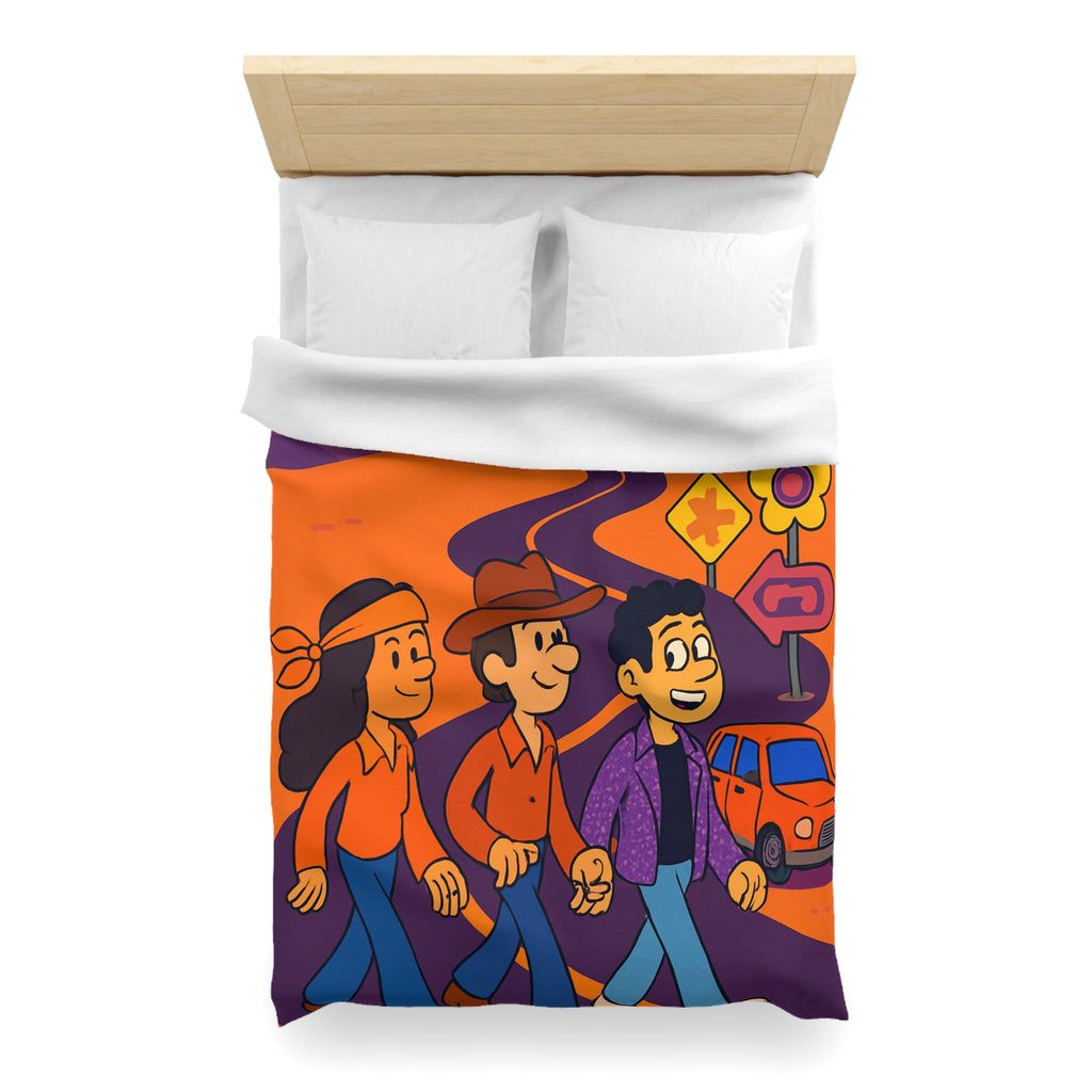 Housse de couette rétro seventies : route orange avec ciel ensoleillé et personnages