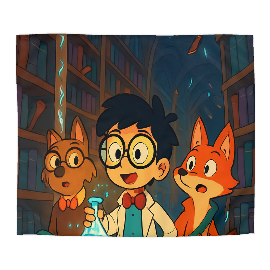 Housse de couette pour enfants avec dessin animé de bibliothèque magique et animaux curieux