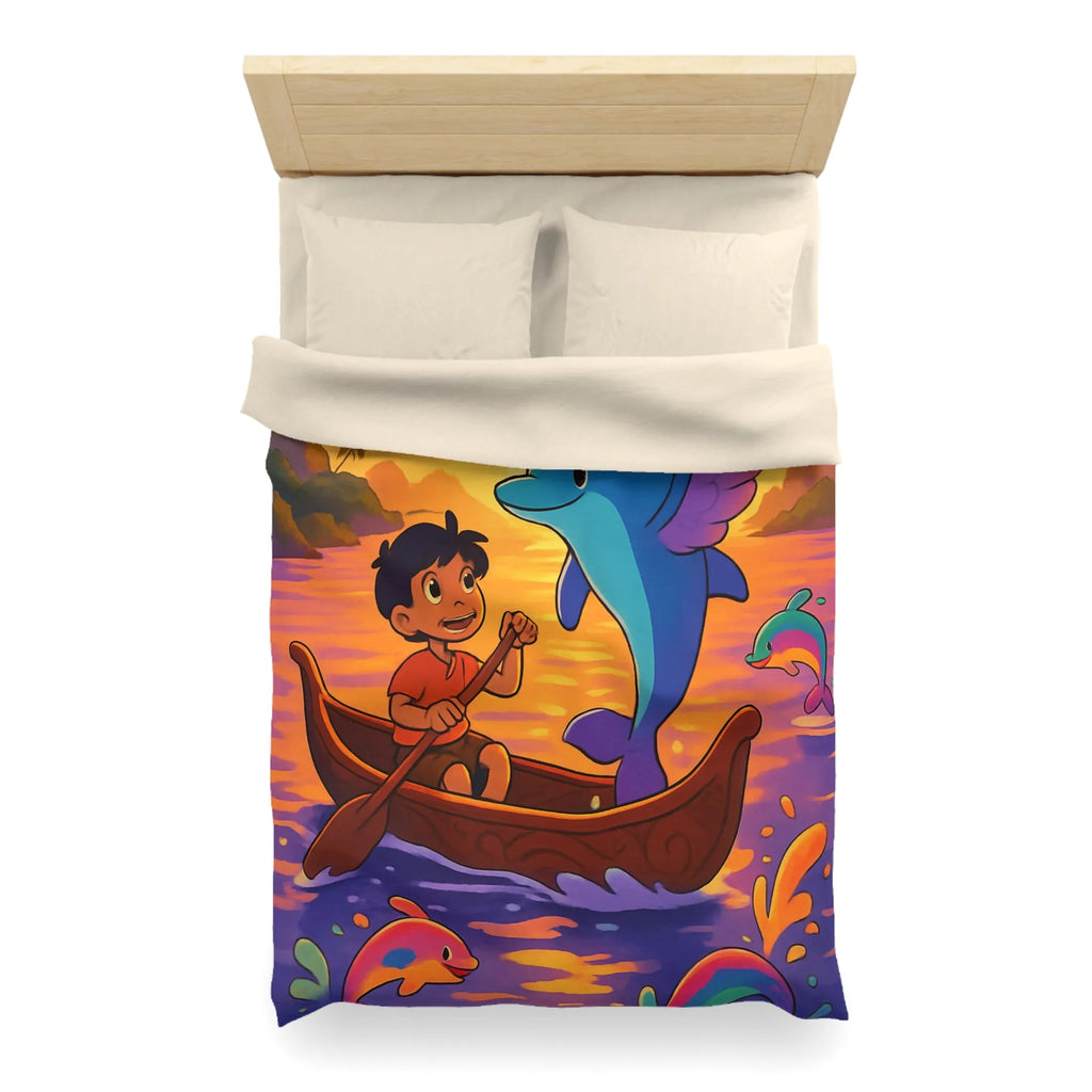 Housse de Couette Enfant : Dauphin Bleu, Aventure en Barque, Coucher de Soleil