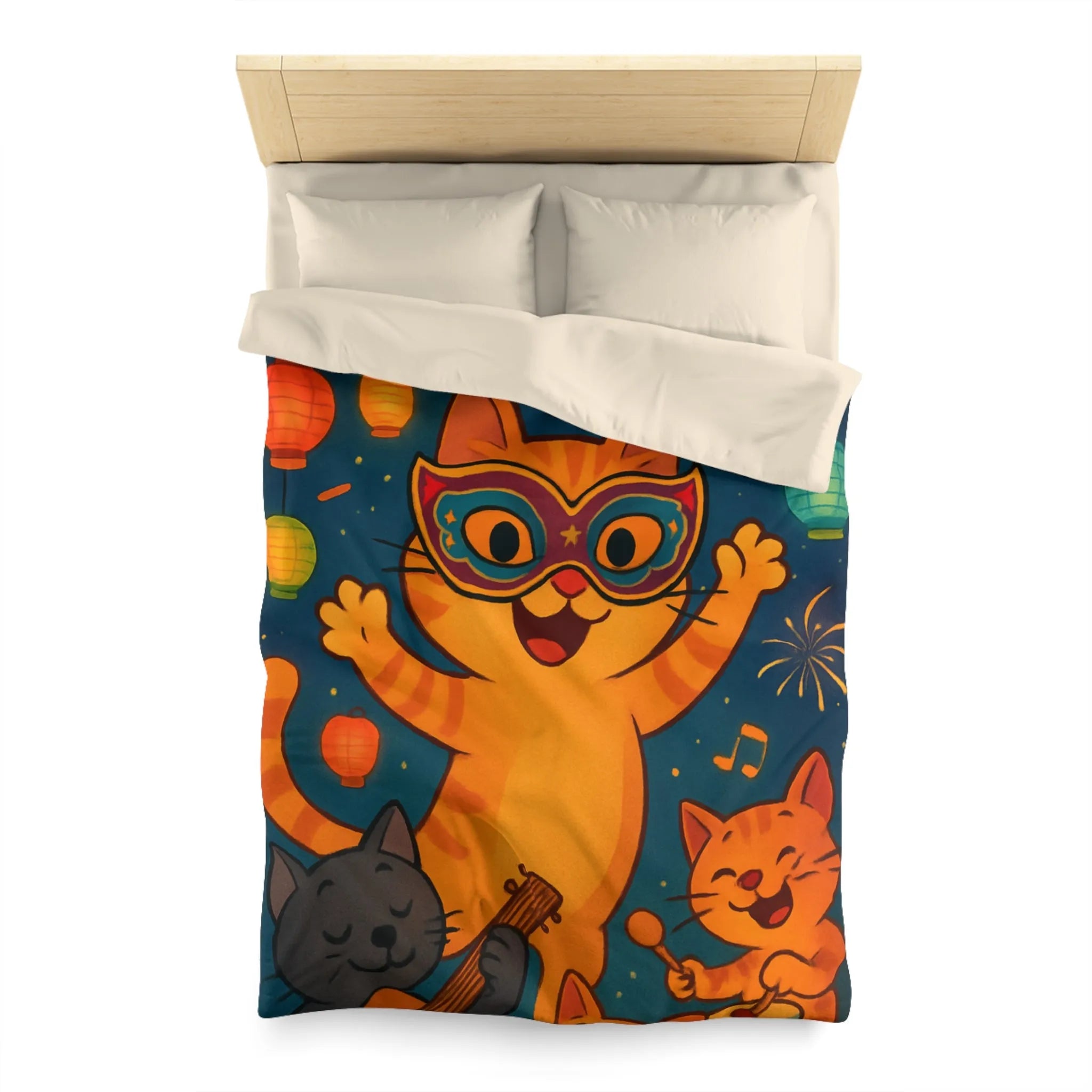 Housse de couette chat joyeux avec masques, lanternes colorées et feux d'artifice