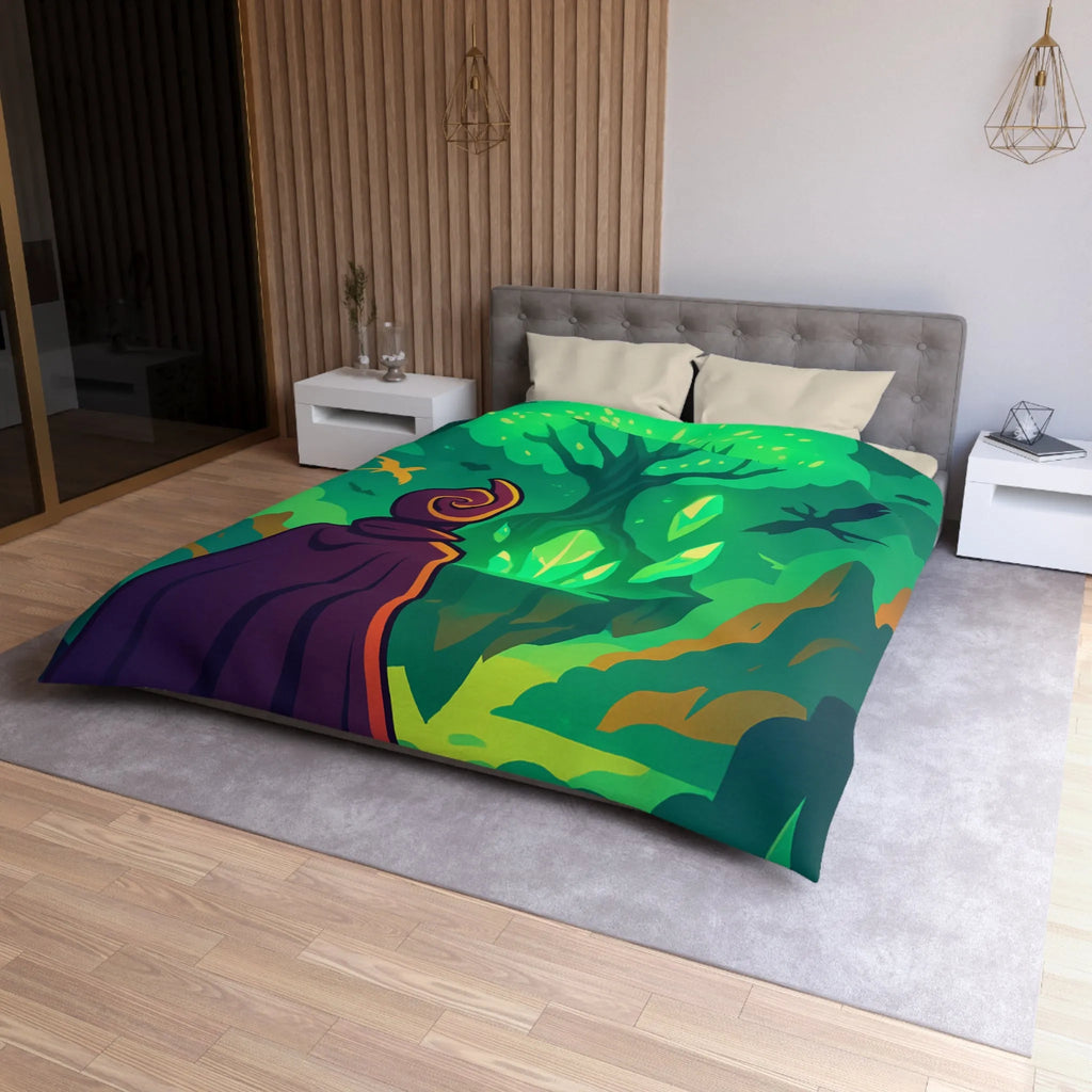 Housse de couette magique avec arbre brillant flottant, créatures volantes et paysages féeriques