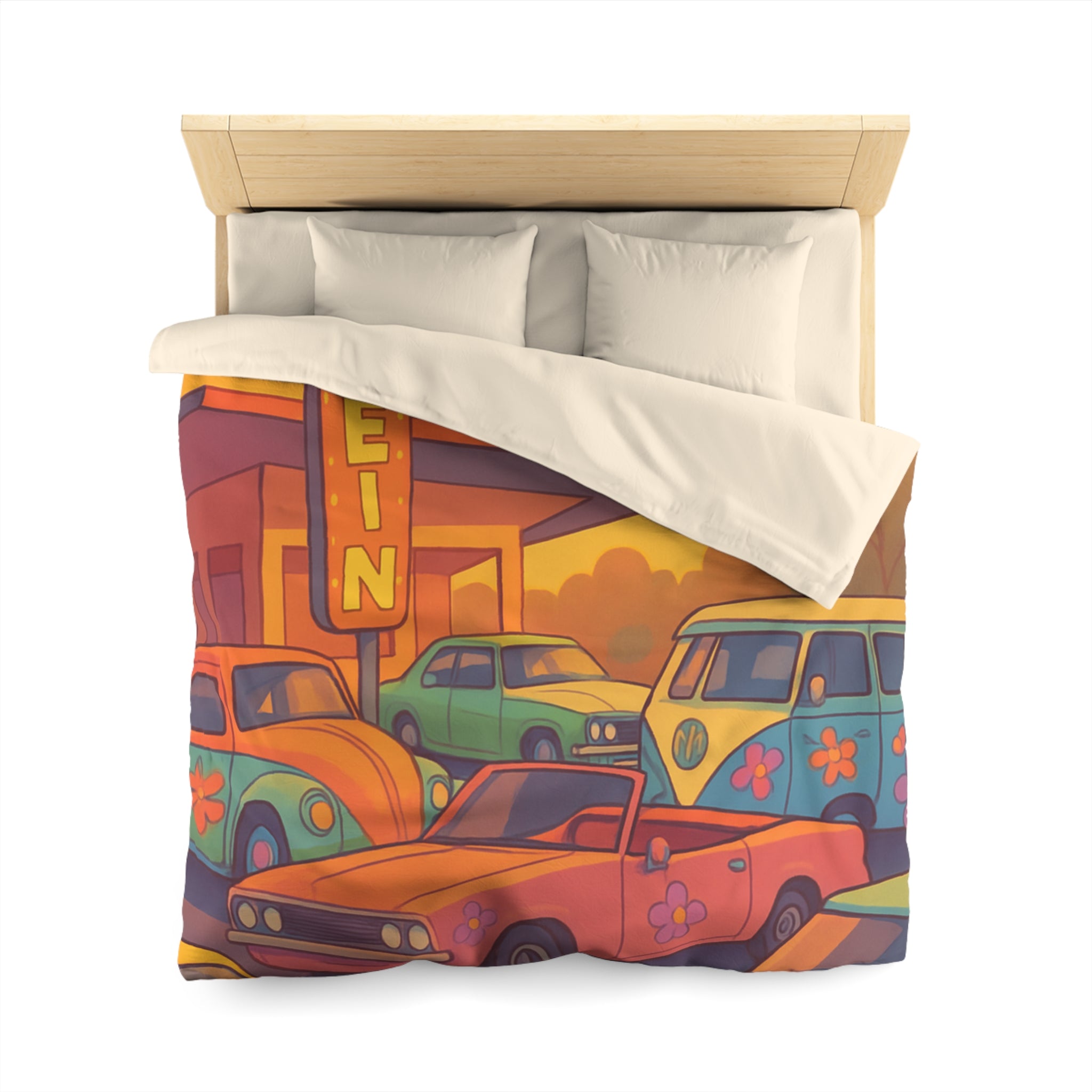 Vintage Style Housse de Couette Avec Anciennes Voitures et Coucher de Soleil Orange