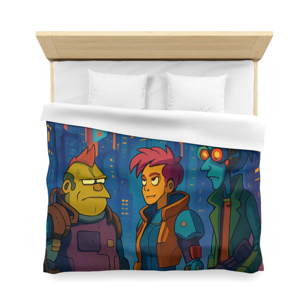 Housse de couette futuriste néon, personnages de science-fiction devant une ville cyberpunk