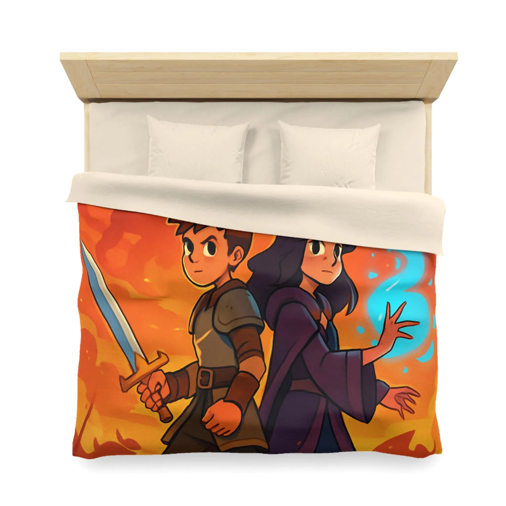 Housse de couette épique, jeunes aventuriers et dragons incandescents en fantaisie captivante
