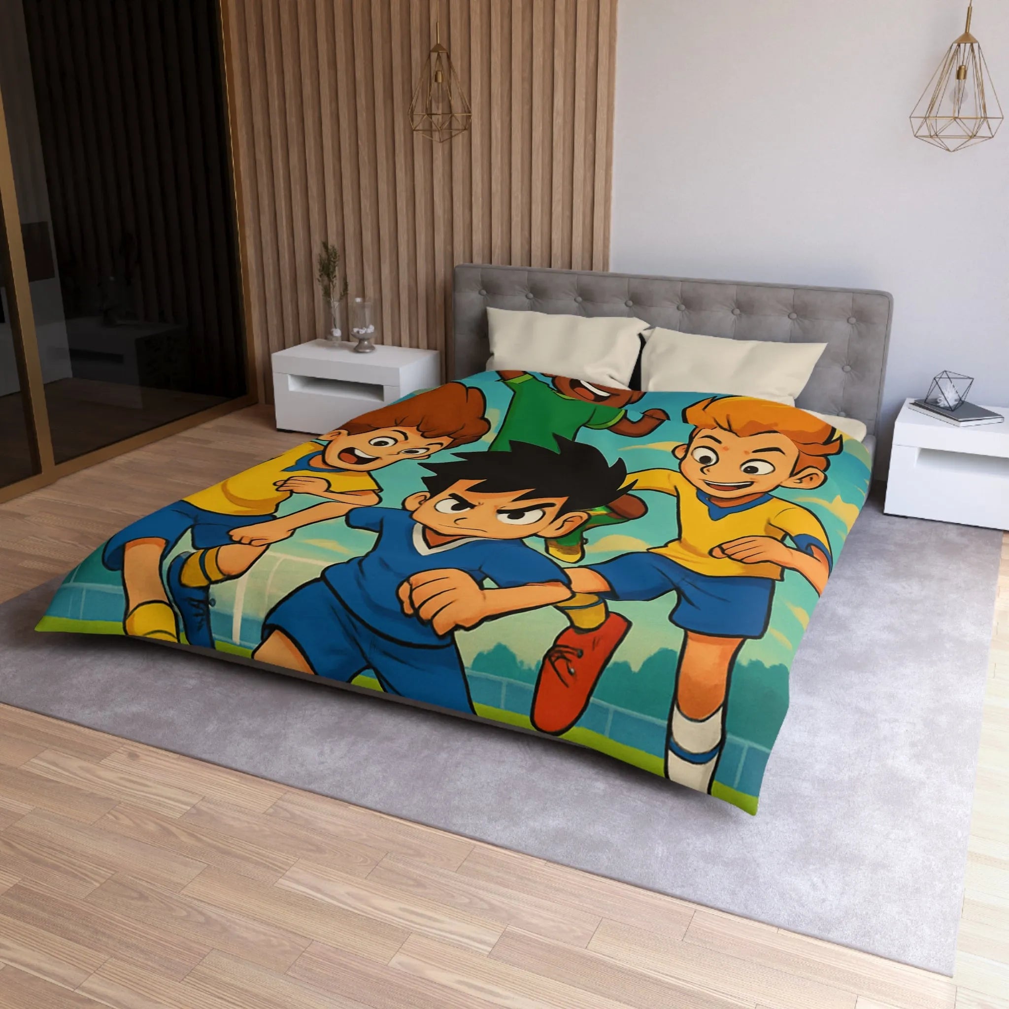 Housse de couette football enthousiaste pour enfants avec joueurs en action et ciel bleu