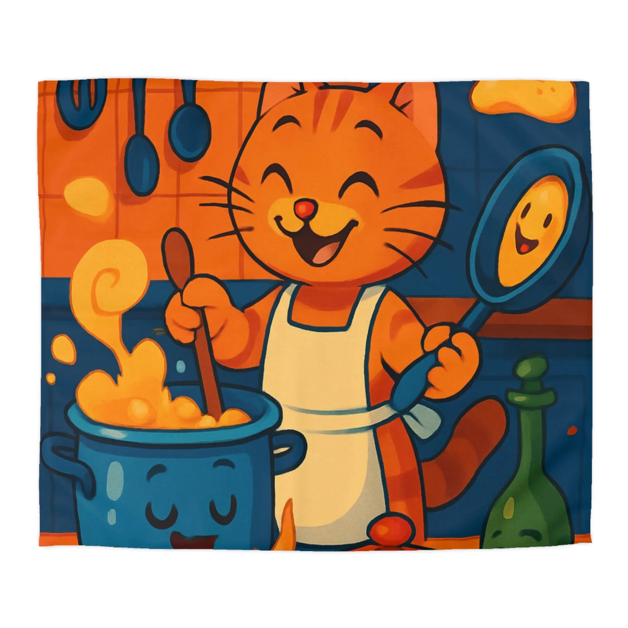 Adorable Chat Cuisinier Heureux dans une Cuisine Colorée et Animée avec Accessoires Joyeux