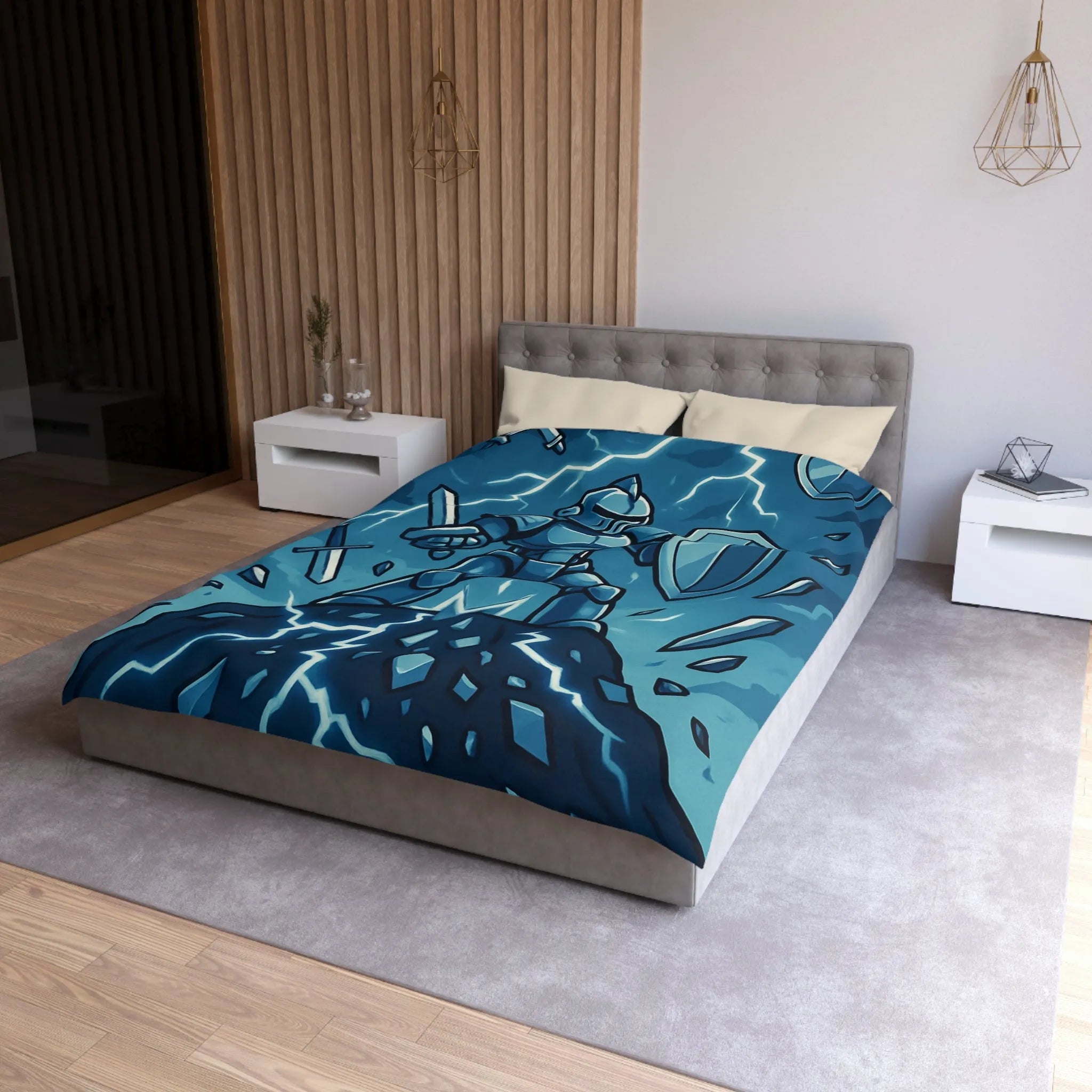 Housse de couette chevalier vaillant avec épée et bouclier sous éclairs bleus