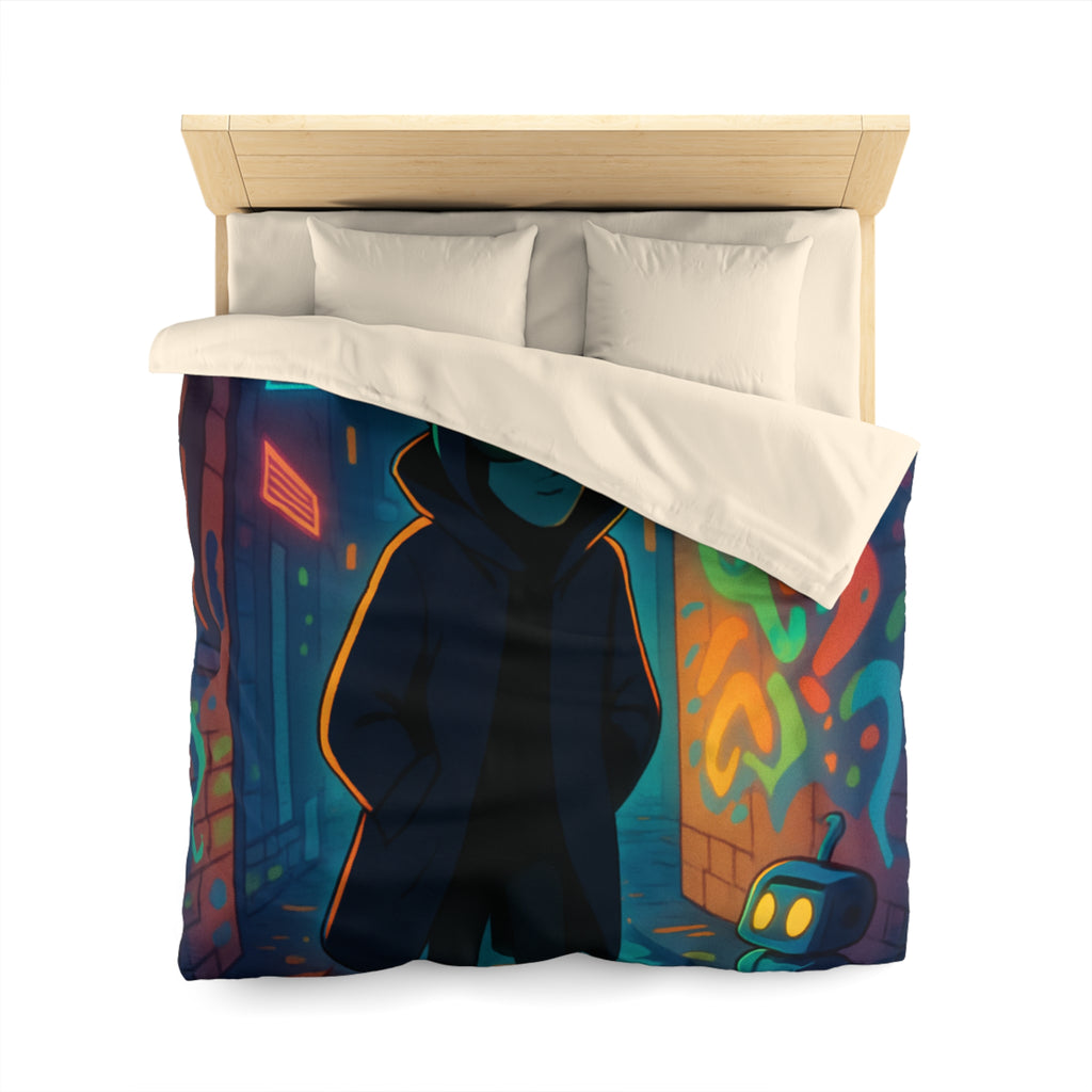 Housse de couette néon, ruelle urbaine cyberpunk avec technologie futuriste et graffitis colorés