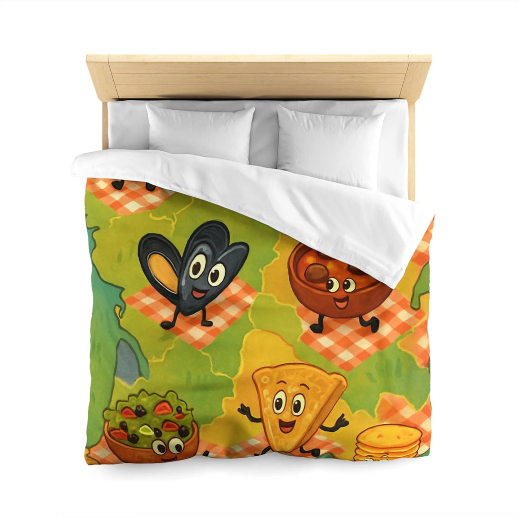 Housse de couette colorée avec motif ludique de spécialités culinaires françaises