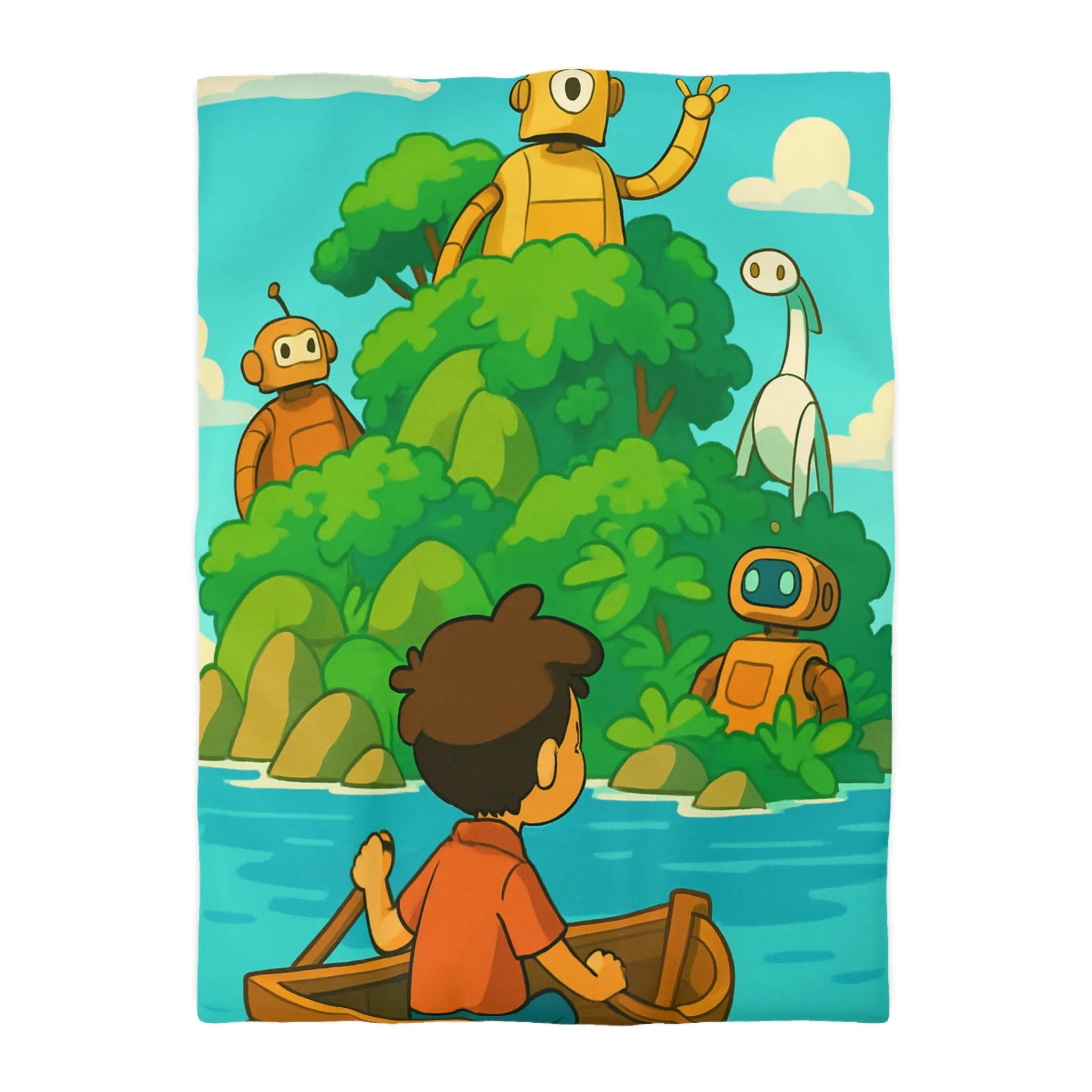 Housse de couette avec robots ludiques et enfant en bateau sur lac serein