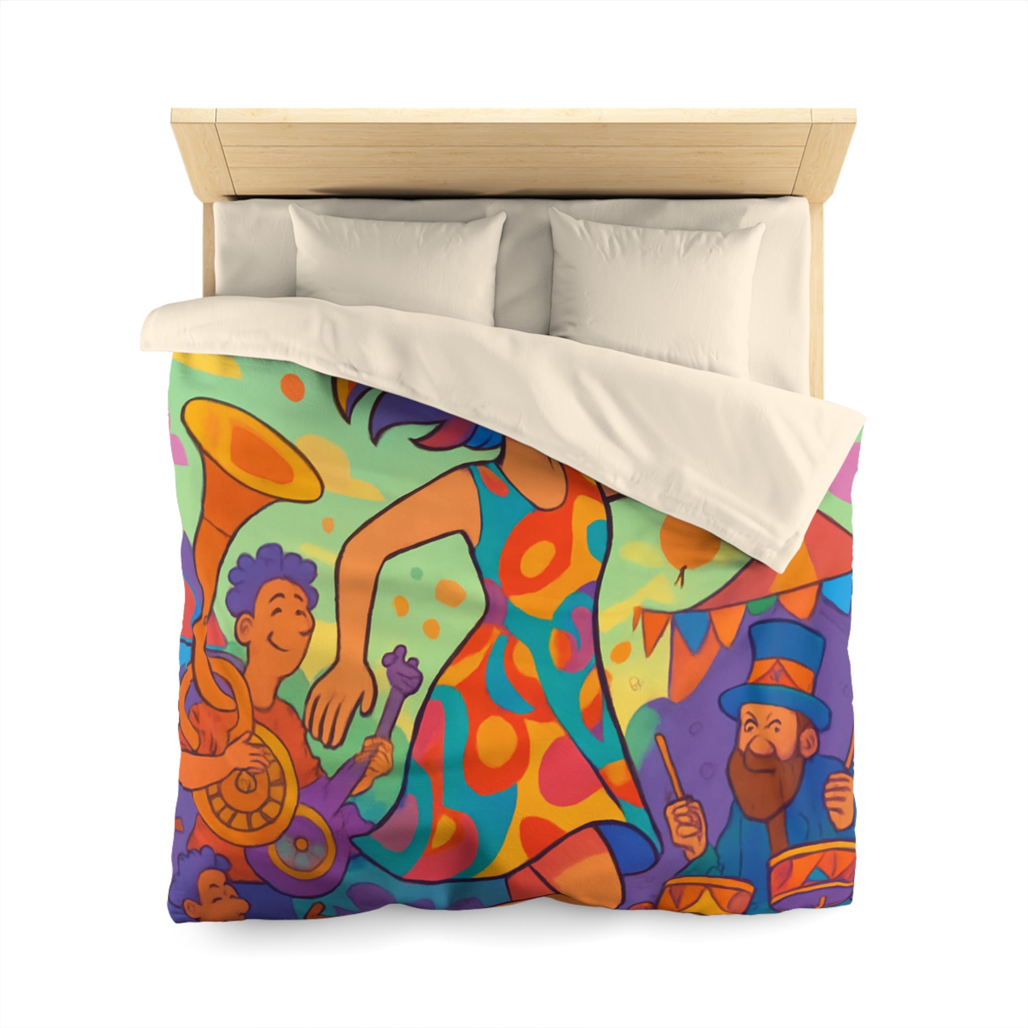 Housse de couette multicolore avec motif de fête joyeuse et personnages dansants