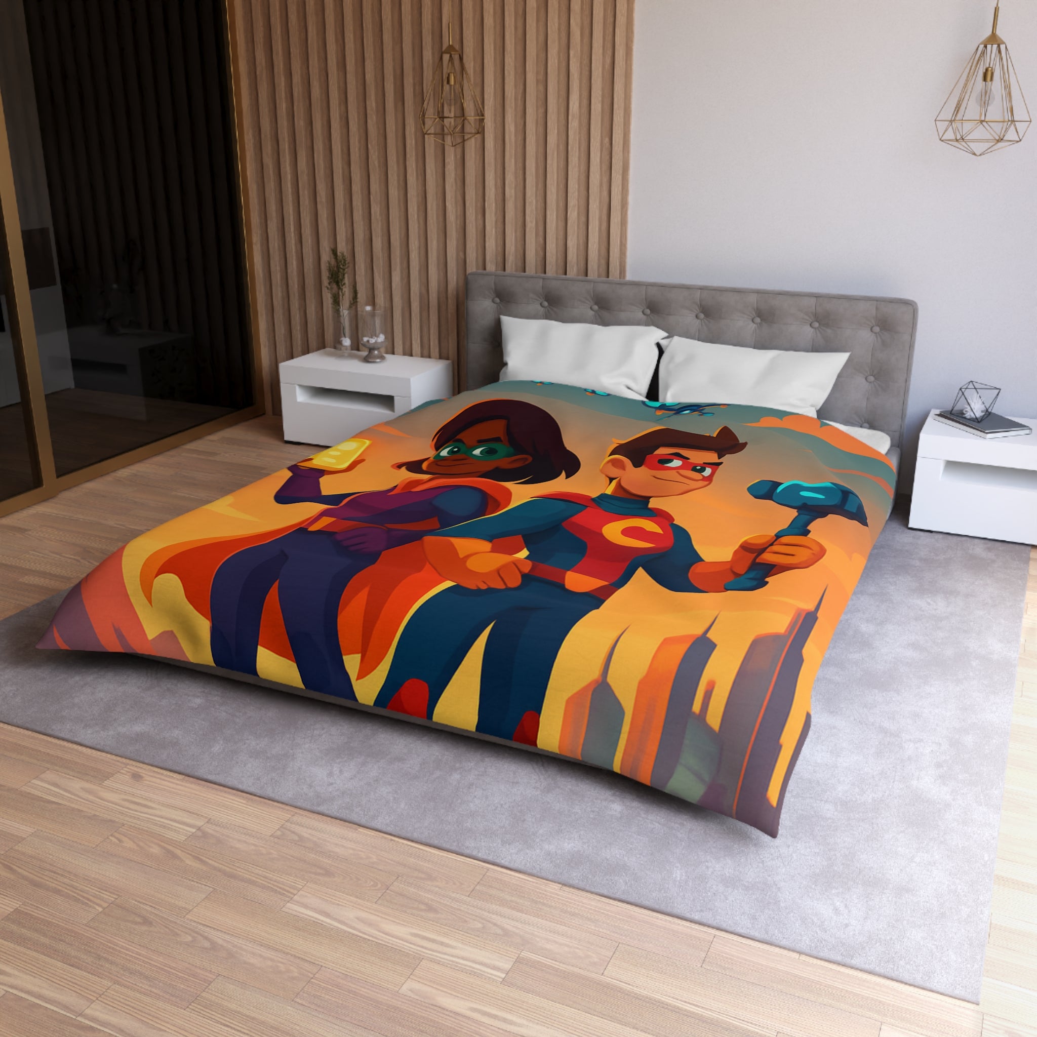 Super-héros Enfantins avec Drones dans Paysage Urbain Coloré Crépusculaire Illustré