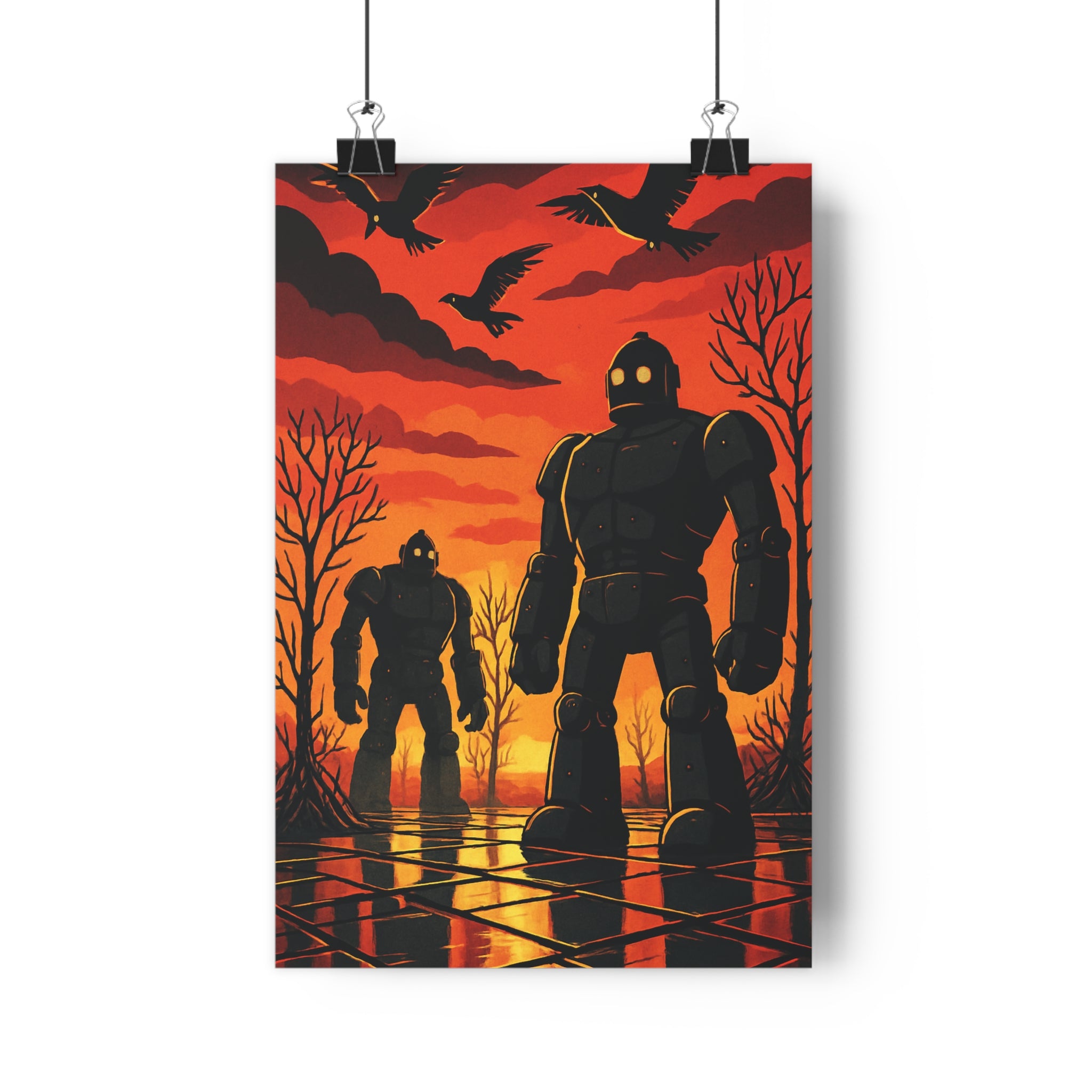 Poster décoratif épique crépuscule rouge orange fantastique salon robots géants créatures métal dramatique paysage