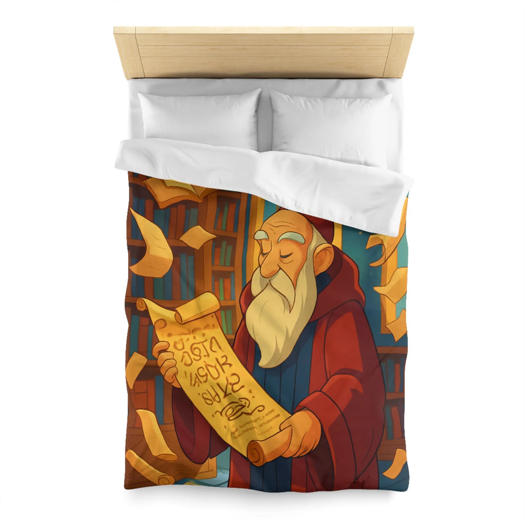 Housse de couette élégante avec design de bibliothèque, parchemins et sage en robe rouge