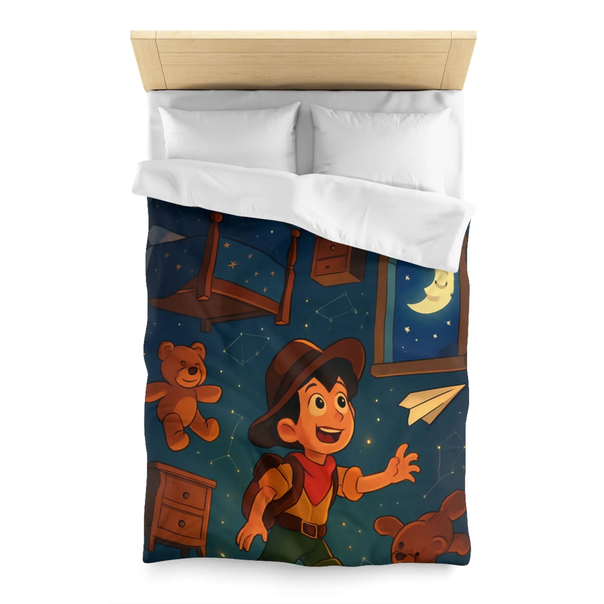 Housse de couette enfant rêveur avec motifs étoilés et décor céleste féérique