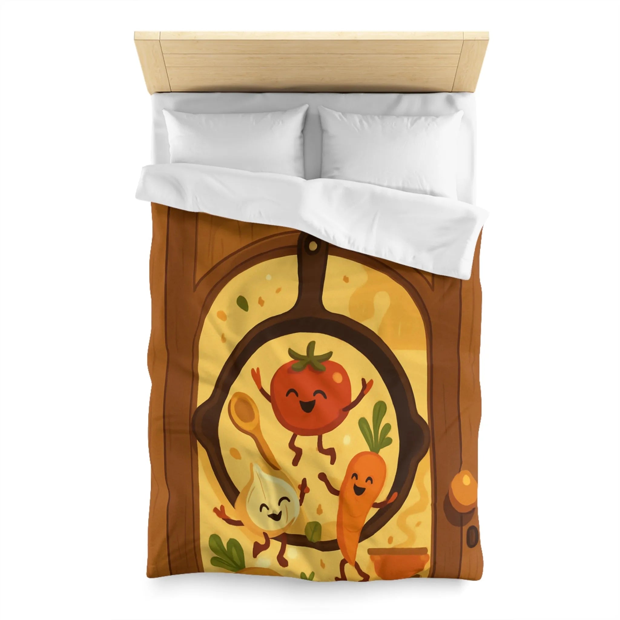 Housse de couette joyeuse avec légumes dans une poêle ambiance cuisine chaleureuse