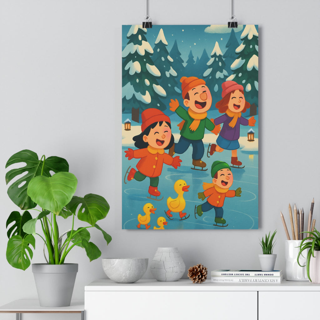 Poster décoratif coloré ludique joyeux hiver chambre enfant patinage glace animaux nature scène festive