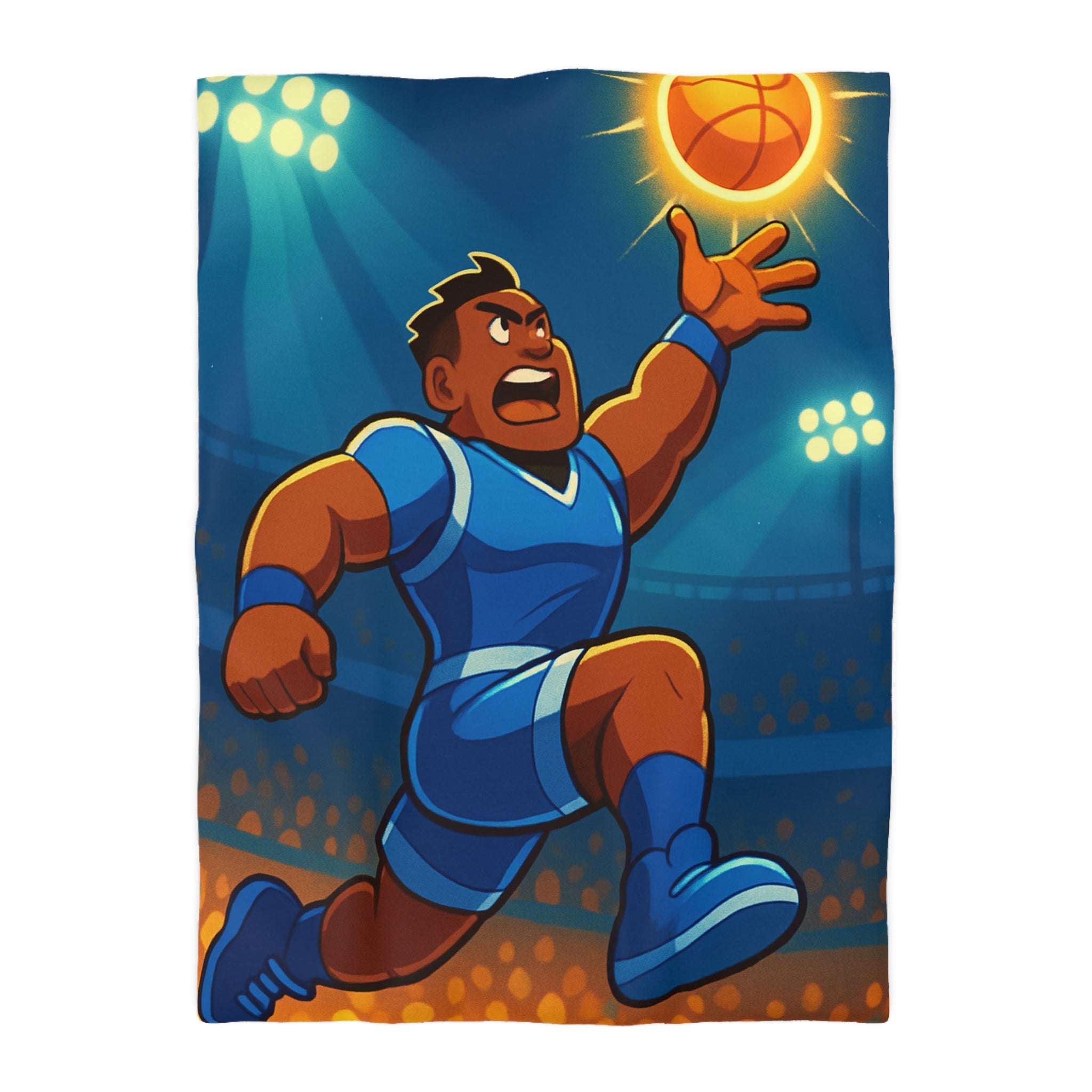 Housse de couette sportive illustrée avec joueur de basketball dynamique et ballon lumineux