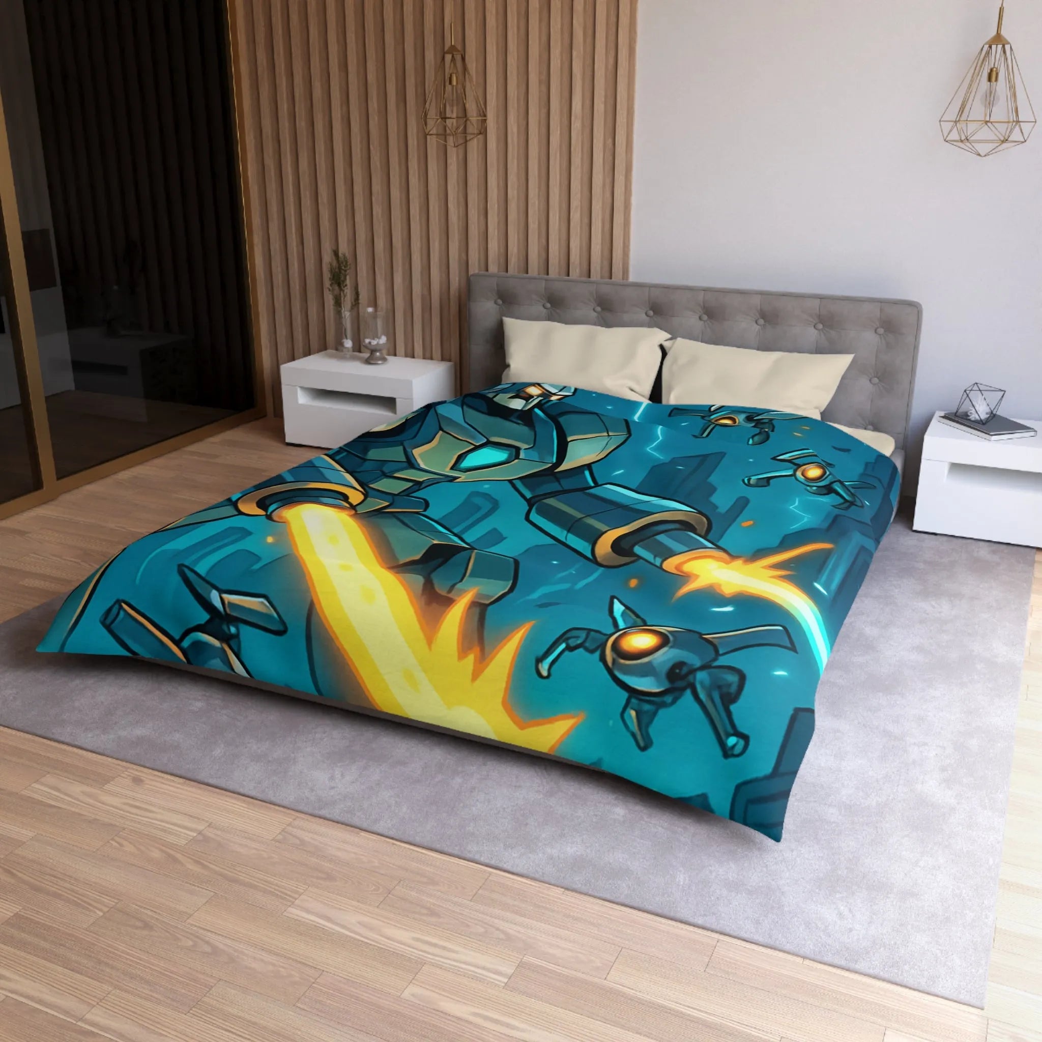 Housse de couette illustrant un robot tirant des lasers dans une ville futuriste la nuit