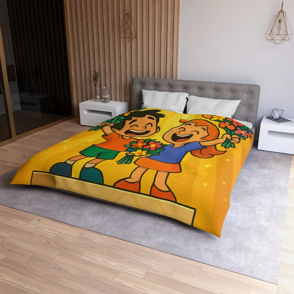 Dessin mignon d'enfants célébrant avec des bouquets de fleurs illuminés de rayons dorés