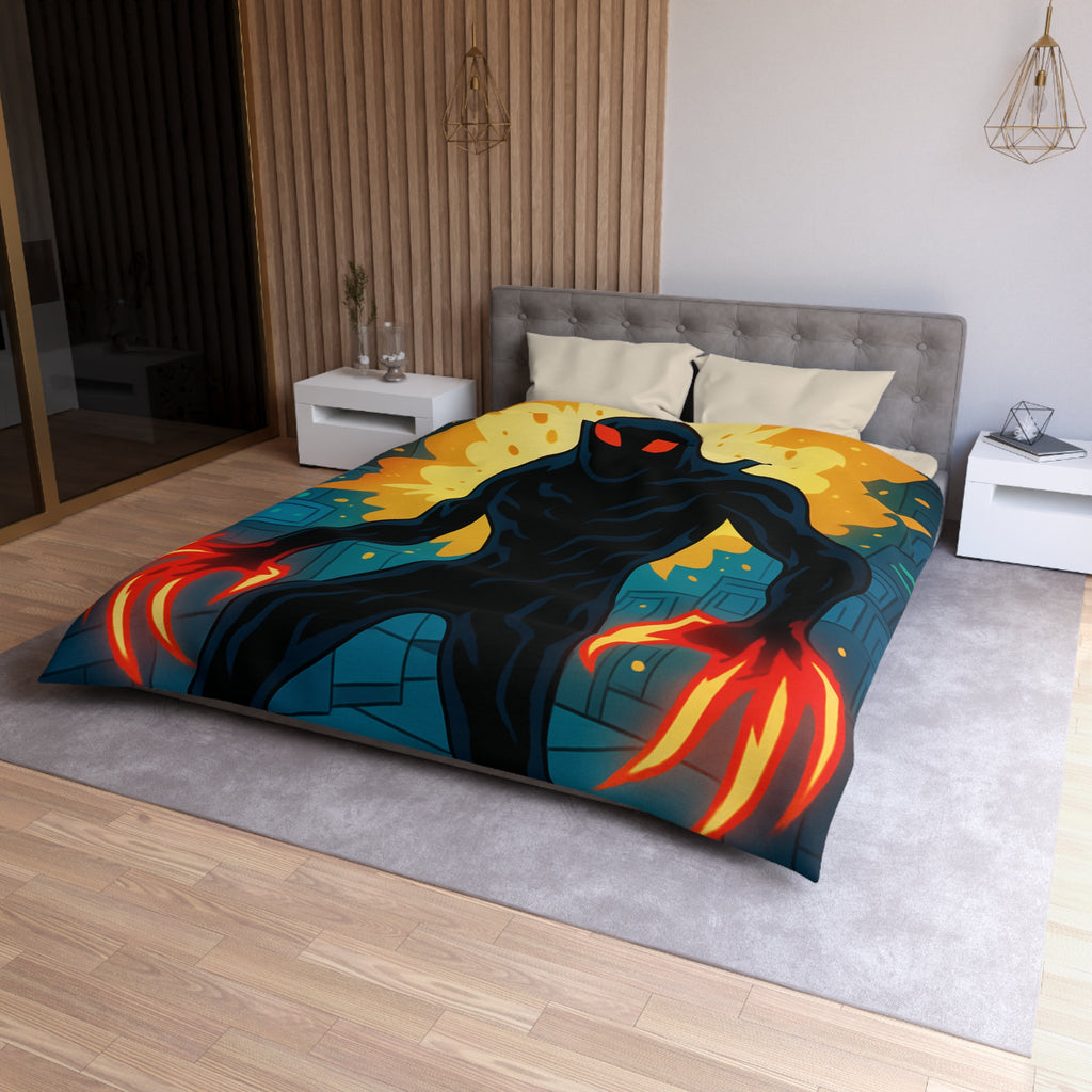 Housse de couette sombre avec créature enflammée aux griffes lumineuses