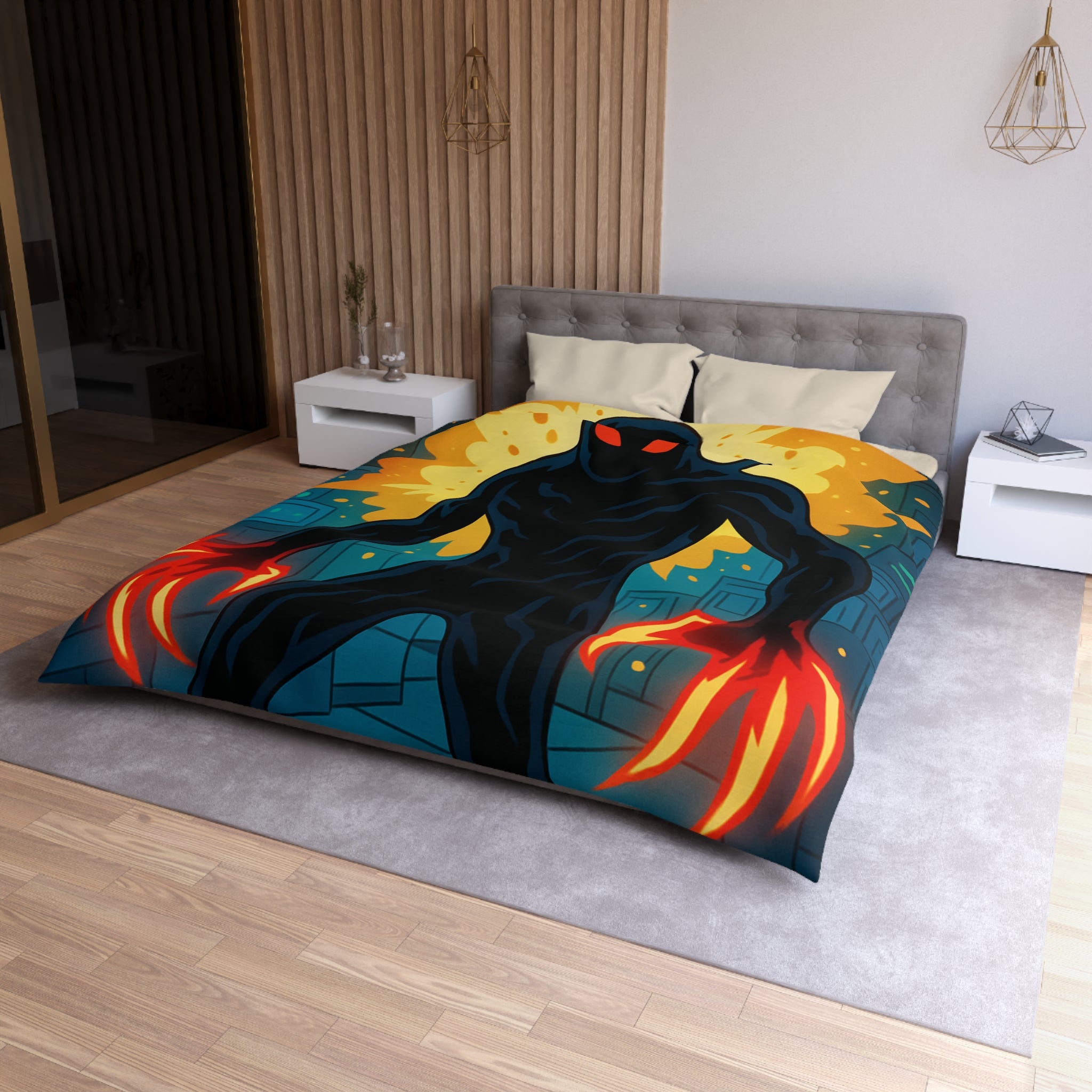 Housse de couette sombre avec créature enflammée aux griffes lumineuses