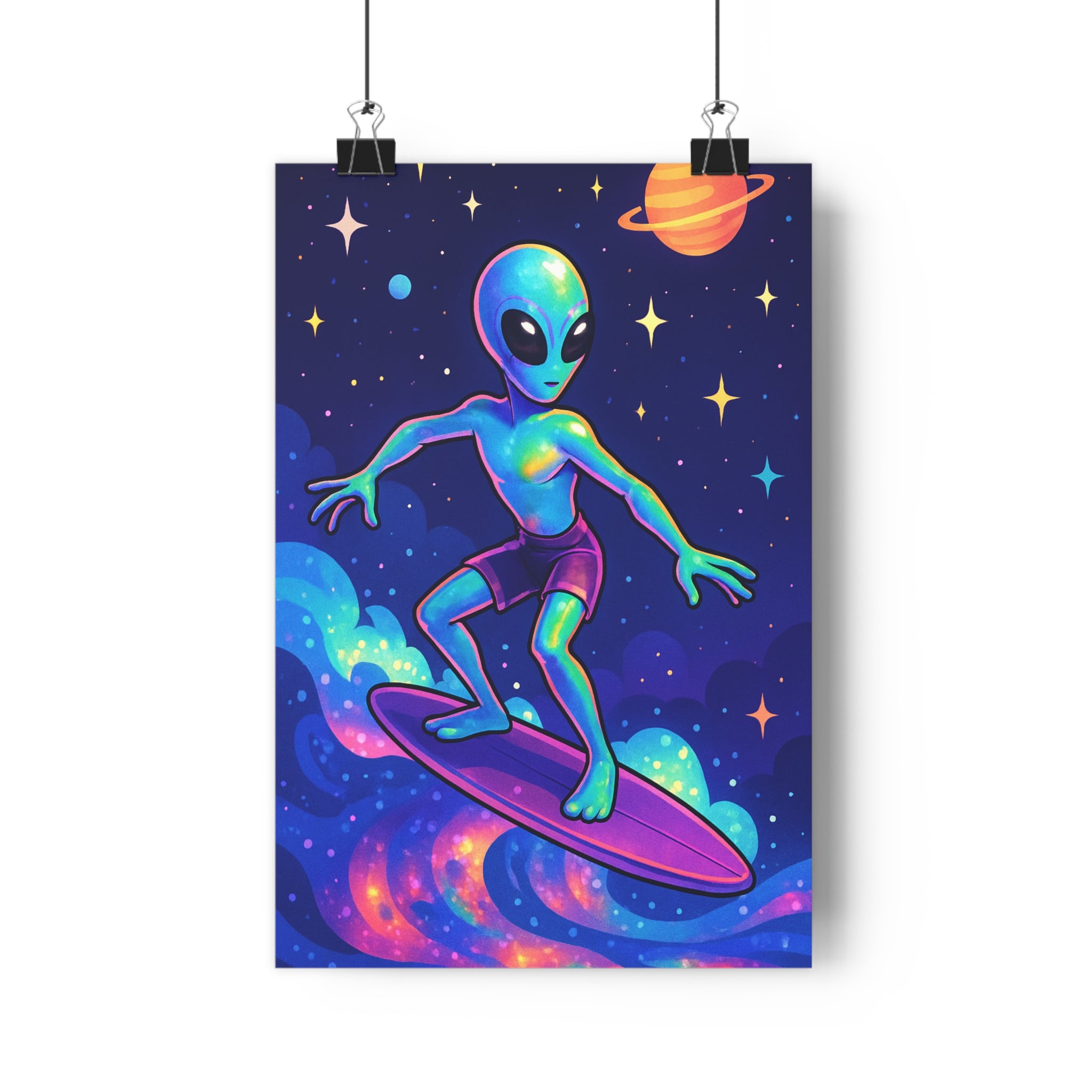 Poster décoratif créature extraterrestre surf ciel étoilé bleu violet jaune aventure chambre enfant qualité