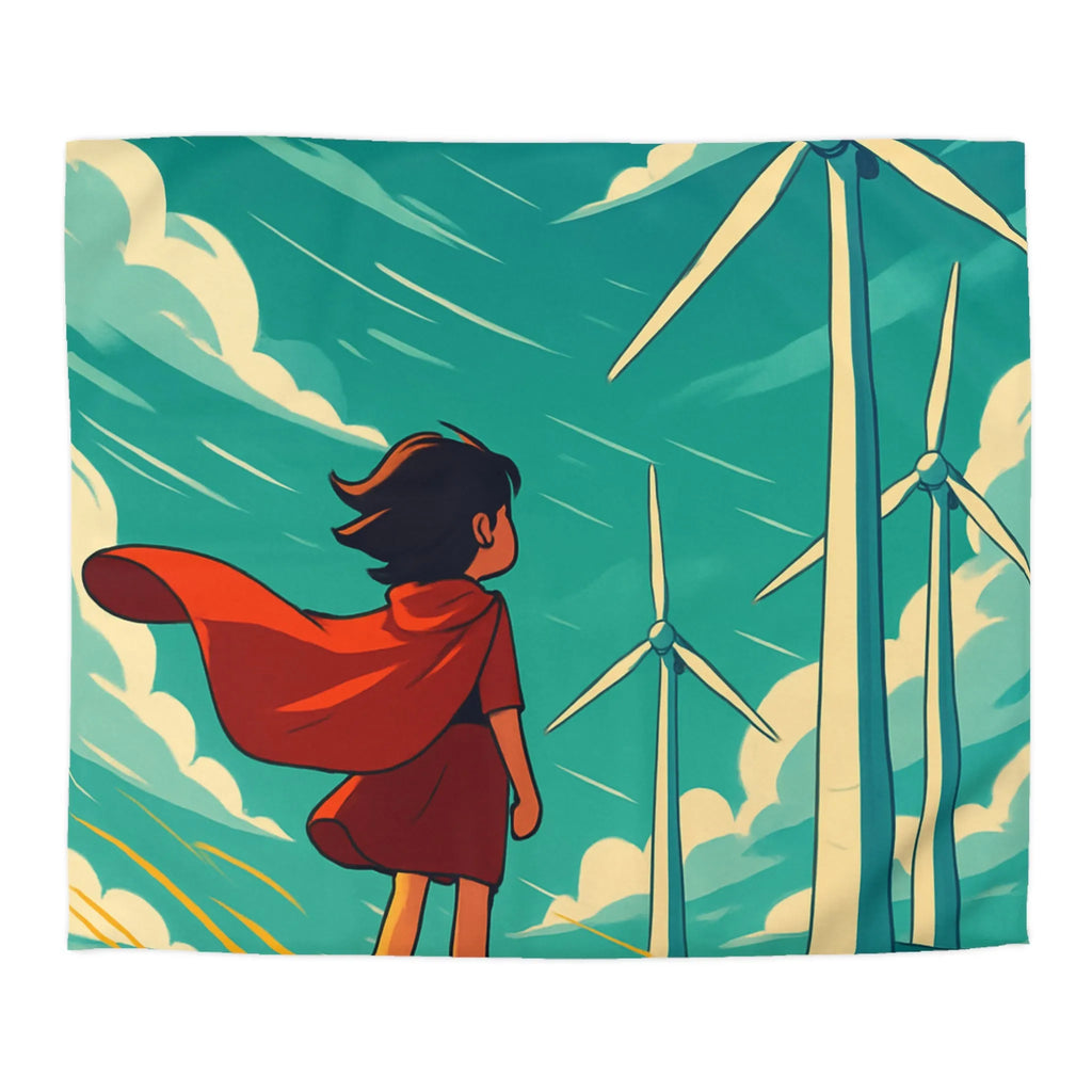 Housse de Couette Enfant avec Éoliennes et Paysage Venté Rouge et Bleu