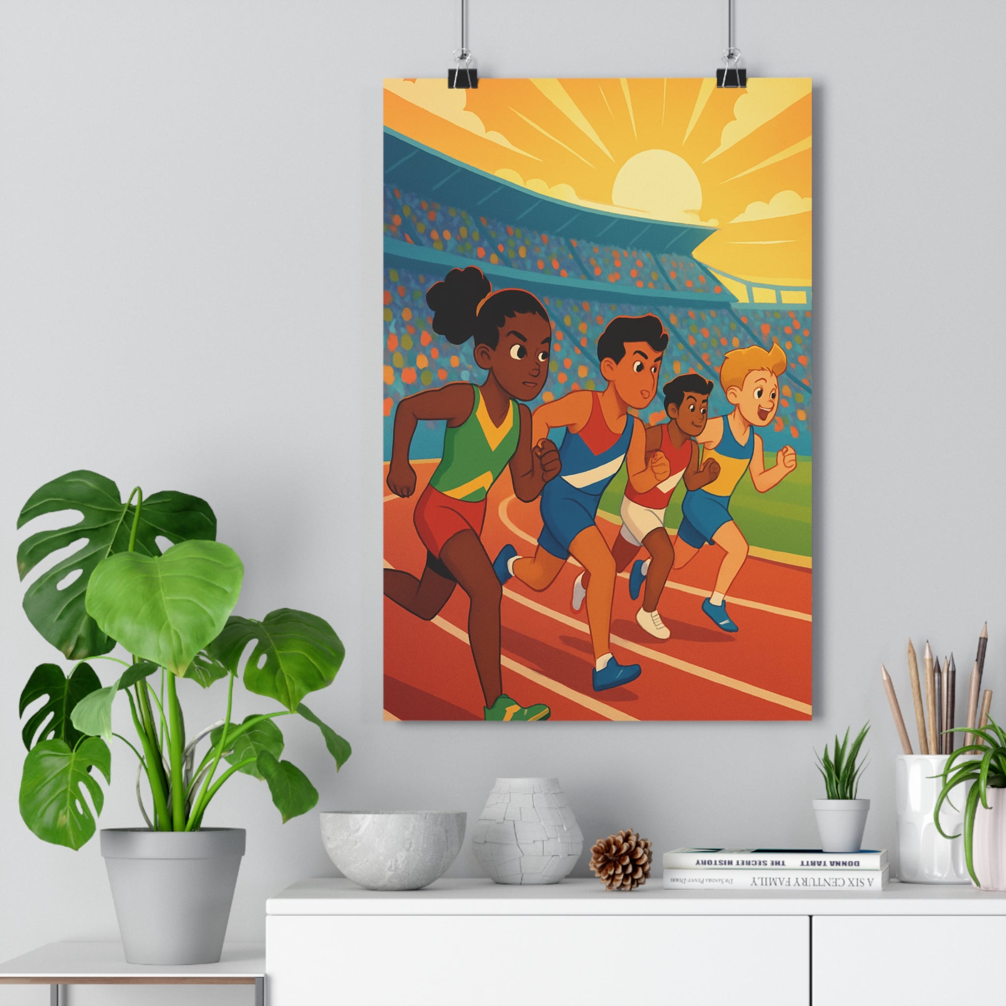Poster décoratif coloré dynamique cartoon athlètes course chambre enfant animation vibrant sportif éclatant qualité