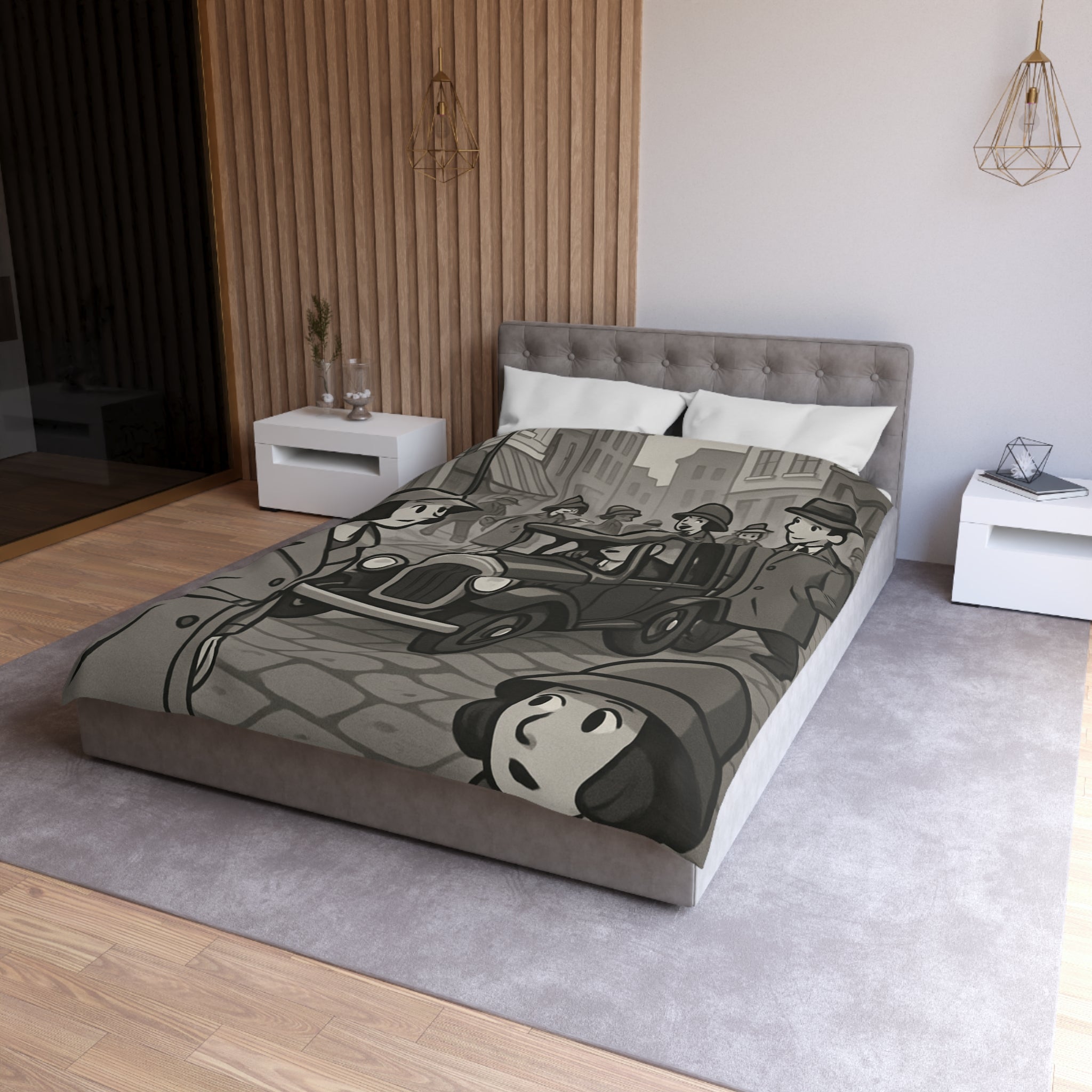 Housse de Couette Vintage avec Rue Animée et Voiture des Années 1930