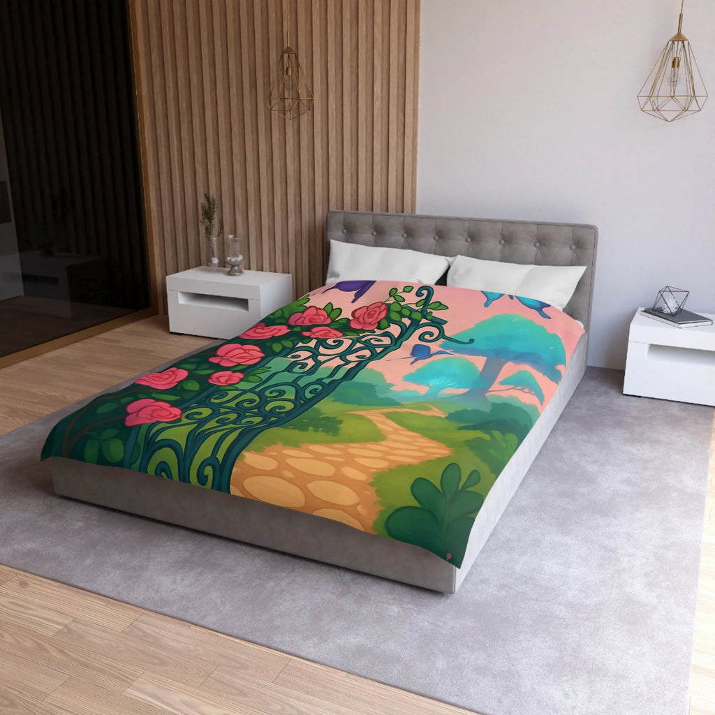 Belle housse de couette féerique avec portail fleuri et papillons colorés, jardins enchanteurs