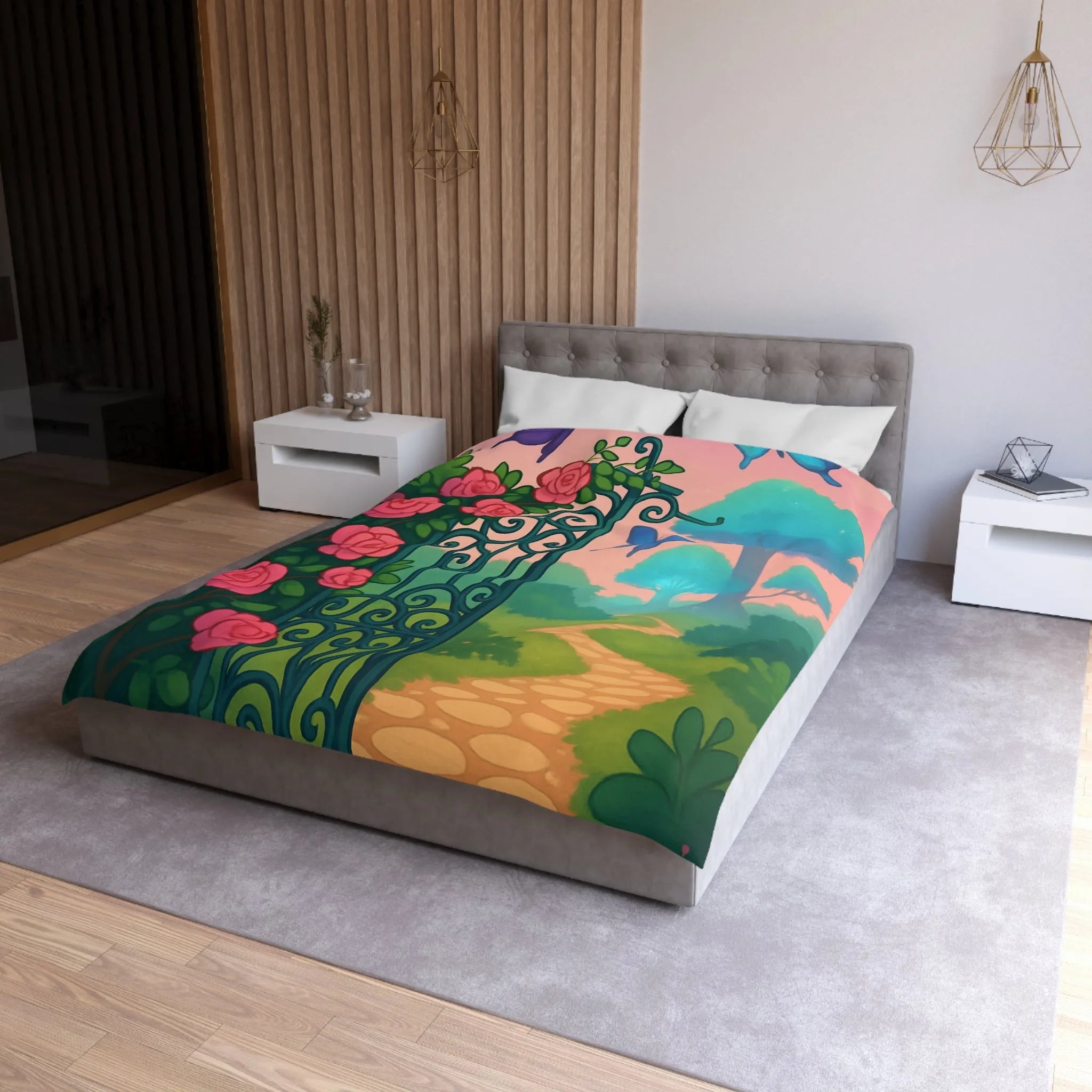 Belle housse de couette féerique avec portail fleuri et papillons colorés, jardins enchanteurs